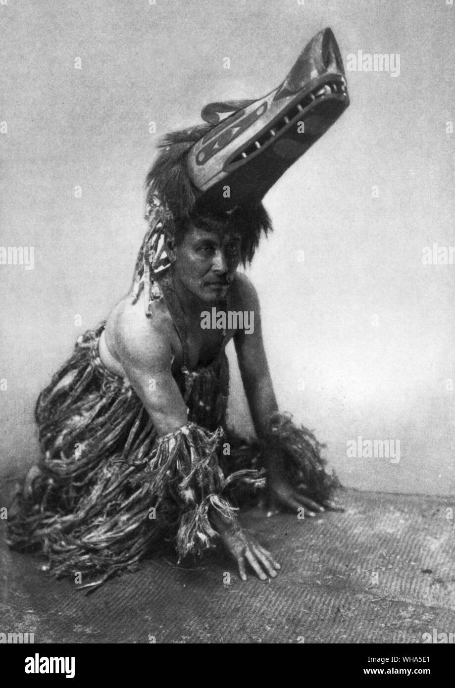 Nootka maschera lupo in uso. Il Nootka o Nuu-Chah-Nulth persone sono un primo gruppo di nazioni la cui sede tradizionale si trova nel nord-ovest del Pacifico, sulla costa occidentale dell'isola di Vancouver. Essi sono correlati alla Chinook e il Kwakiutl popoli, e la lingua di Nootka è parte del gruppo Wakashan di lingue ... Il Nootka, e altri Pacific Northwest culture, erano celebri per le loro cerimonie n potlatch, in cui l'host potrebbe conferire molto generosi doni agli ospiti... Il Nootka furono tra le prime persone sulla costa del Pacifico nord della California per entrare in contatto con gli europei. La concorrenza tra Foto Stock