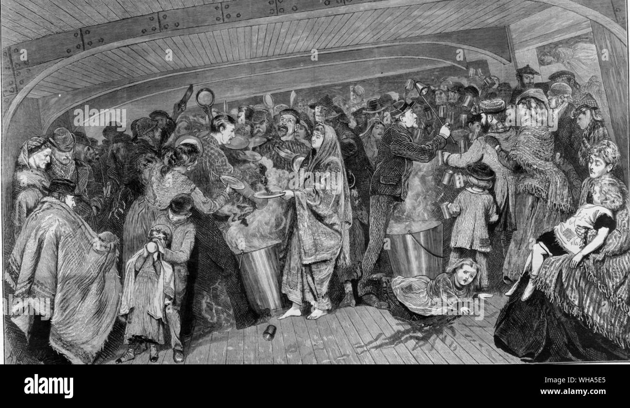 Tra i ponti su una nave di emigrati. Il tempo di alimentazione. da una B di Houghton. 1870 Foto Stock