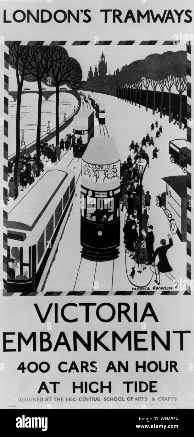 Londons tranvie 1926. Victoria Embankment. Londra Foto Stock