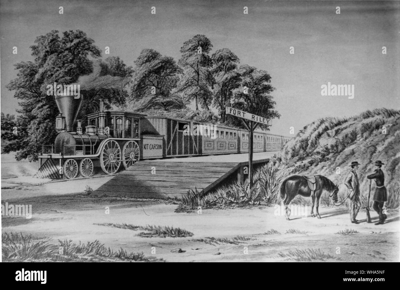Kansas Pacific Railroad sosta a Fort Riley. Foto Stock