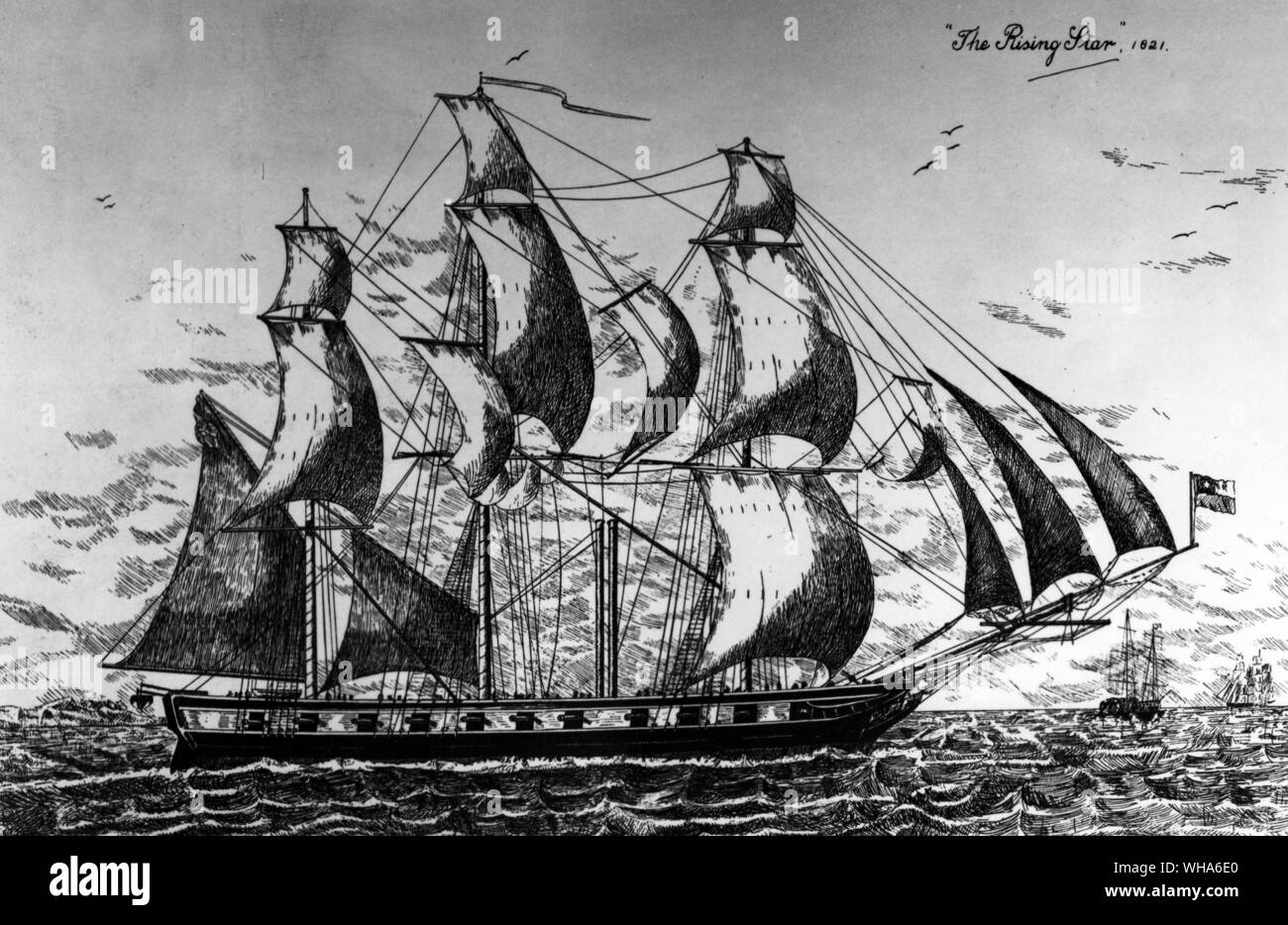 La stella nascente costruita sotto la direzione del signore Cochrane ( più tardi ammiraglio il decimo conte di Dundonald ) per la guerra di indipendenza in Spagnolo America del Sud sul principio della navigazione sia da vele o da vapore; l'apparecchiatura impellente di essere messi in attesa e fatta operare attraverso aperture nella parte inferiore della nave.. Il Rising Star è stato il primo condotto di vapore nave per attraversare l'Atlantico Meridionale e anche la prima nave a vapore per inserire il Pacifico. 1821 Foto Stock