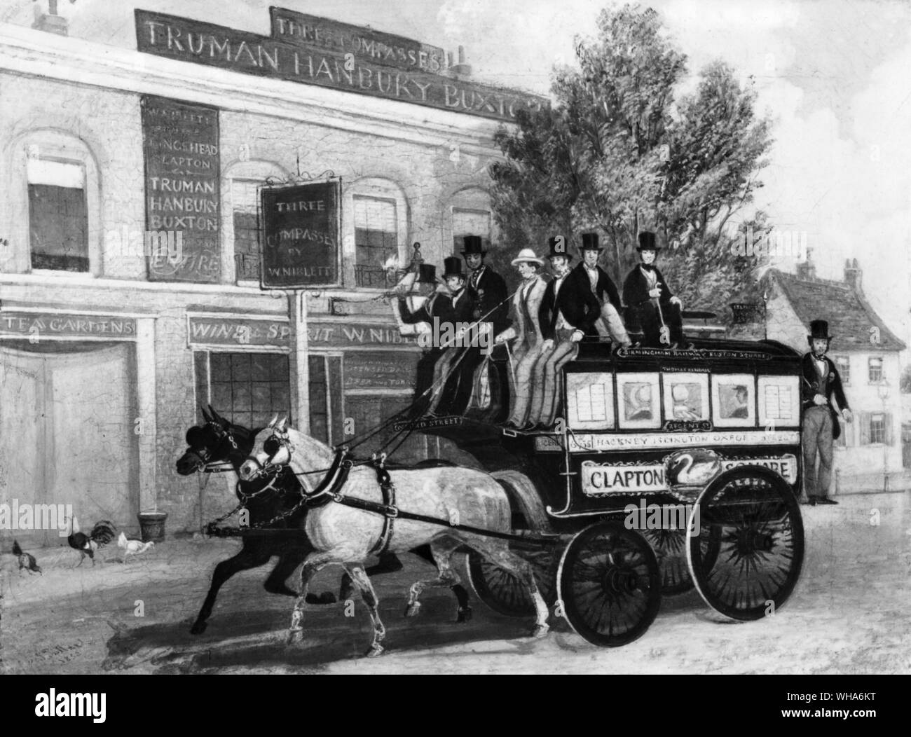 Un omnibus passando 3 bussole Inn. Londra 1850 Foto Stock