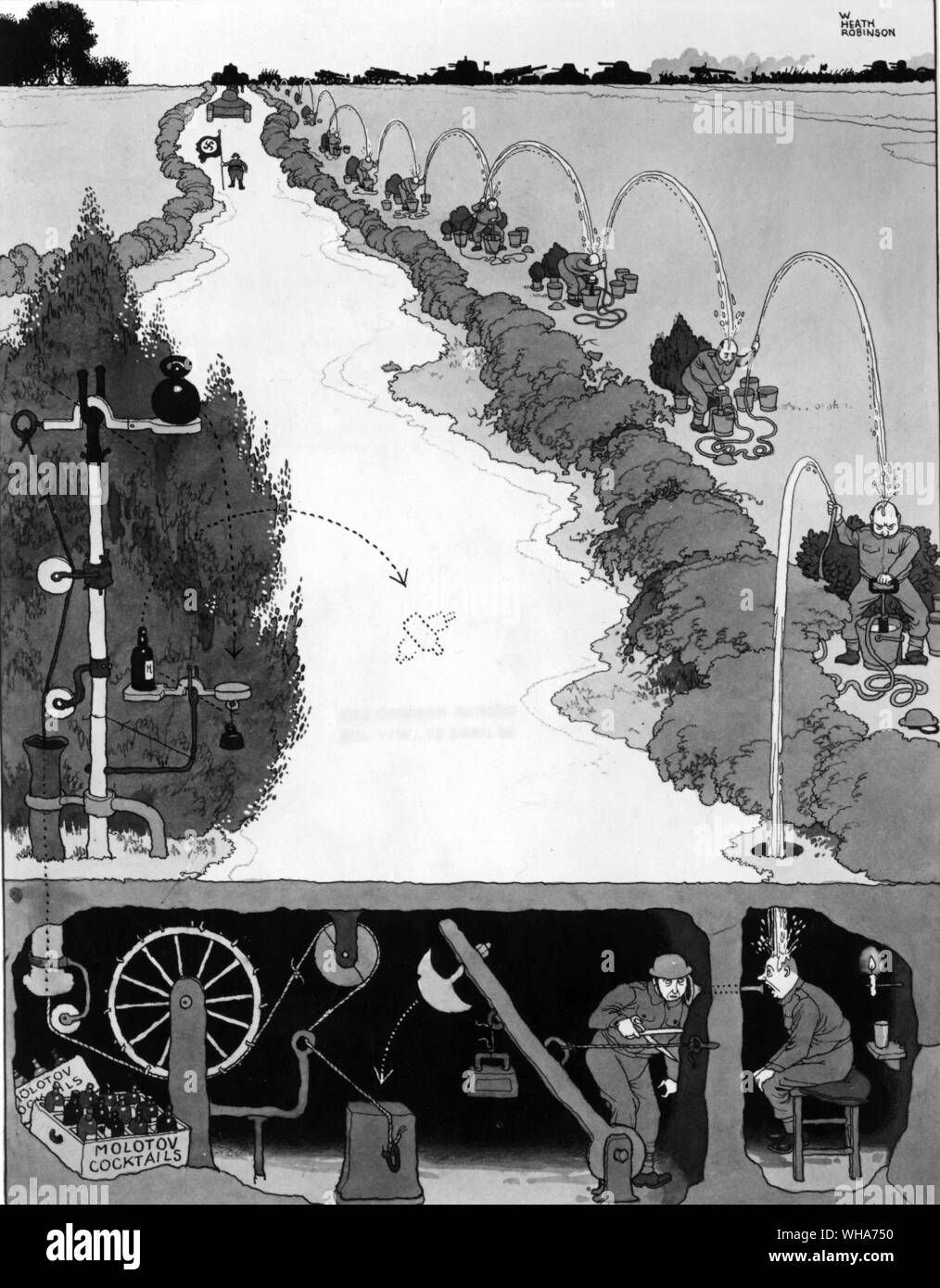 W Heath Robinson. La staffa del relè della pompa del sistema di segnalazione per dare avviso di un invasione c 1940 Foto Stock