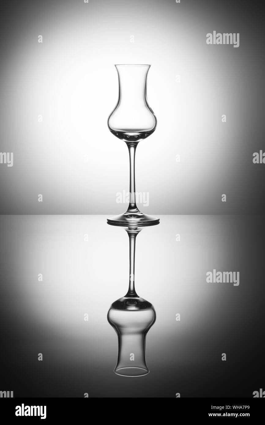 Bellissima ed elegante shotglass di grappa in controluce, concetto di vetro vuoti, foto verticale Foto Stock
