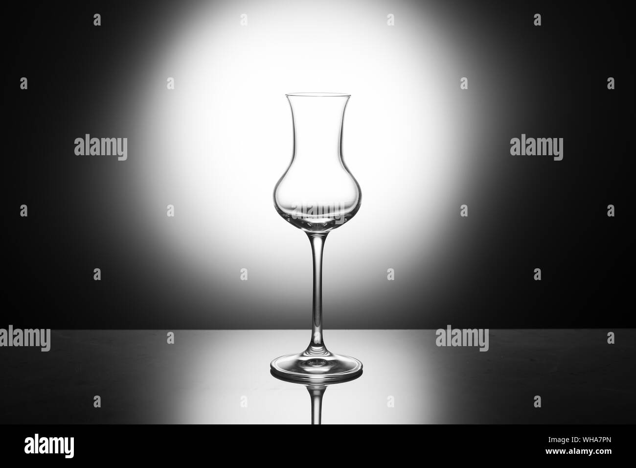 Bella classico bicchiere di grappa in controluce, concetto di vetro vuoti Foto Stock