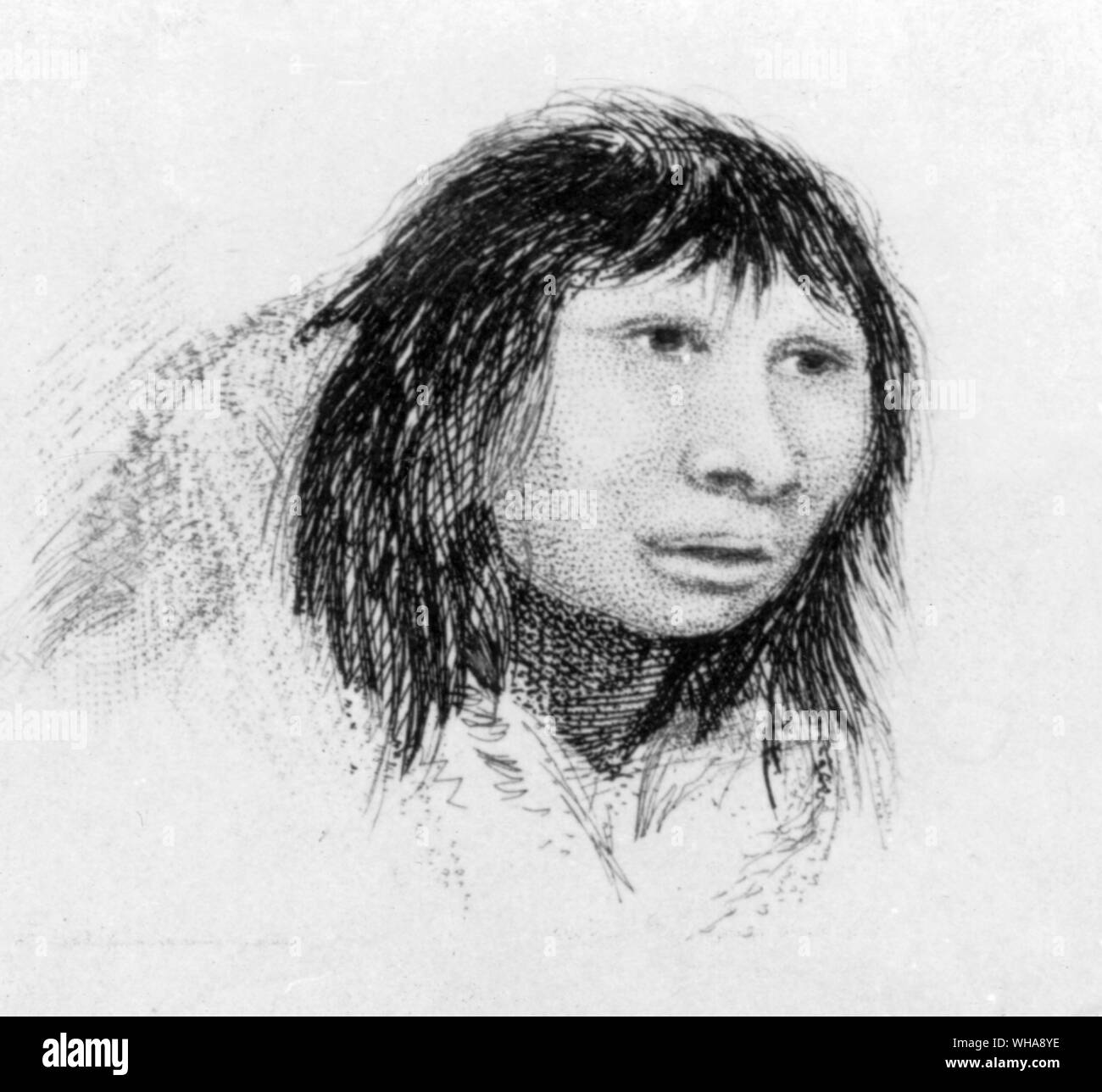 Pulsante Jemmy la moglie 1834. Il Phrenology, xix secolo pseudo-analisi scientifica dei contorni del cranio, rivelato Jemmy Button come avente una disposizione a combattere e a distruggere. La lettura si è rivelato preveggente per la Fuegians, che all'interno di un secolo hanno trovato il loro numero è diminuito da migliaia a decine. Che questa potrebbe essere direttamente attribuita a Jemmy, preso come un ragazzo nel 1830 da Tierre del fuego sulla punta meridionale del Sud America a Londra e poi restituita al suo popolo per diffondere la parola cristiana, offre un affascinante e succoso racconto di zelante evangelizzazione e il maldestro compulsione per civilizzare. Foto Stock