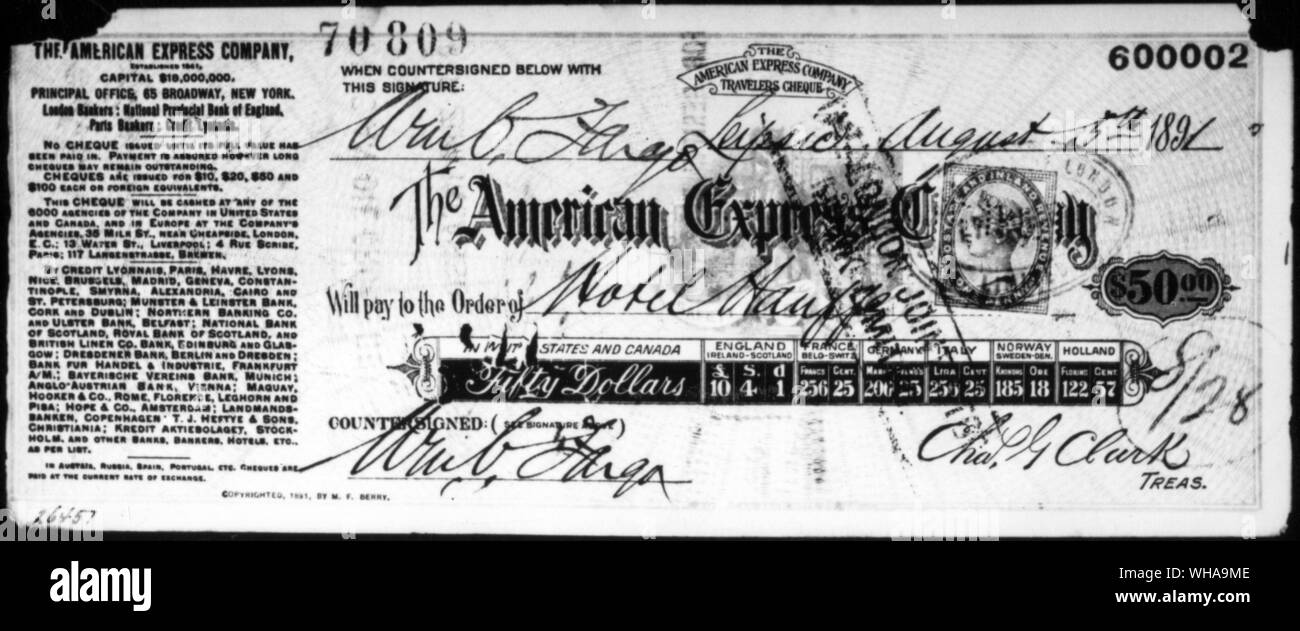 Il primo American Express viaggiatori Verificare mai usato. Esso è stato incassato da William Fargo il 5 agosto 1891 presso l'Hotel Hauffe, Lipsia, Germania Foto Stock