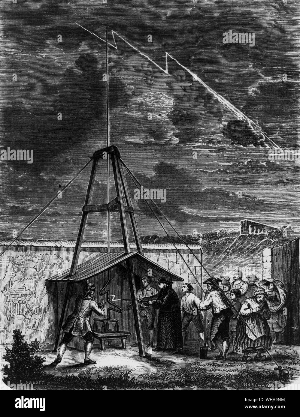 Dimostrazione di elettricità in una tempesta tuono 10 Maggio 1752 Foto Stock