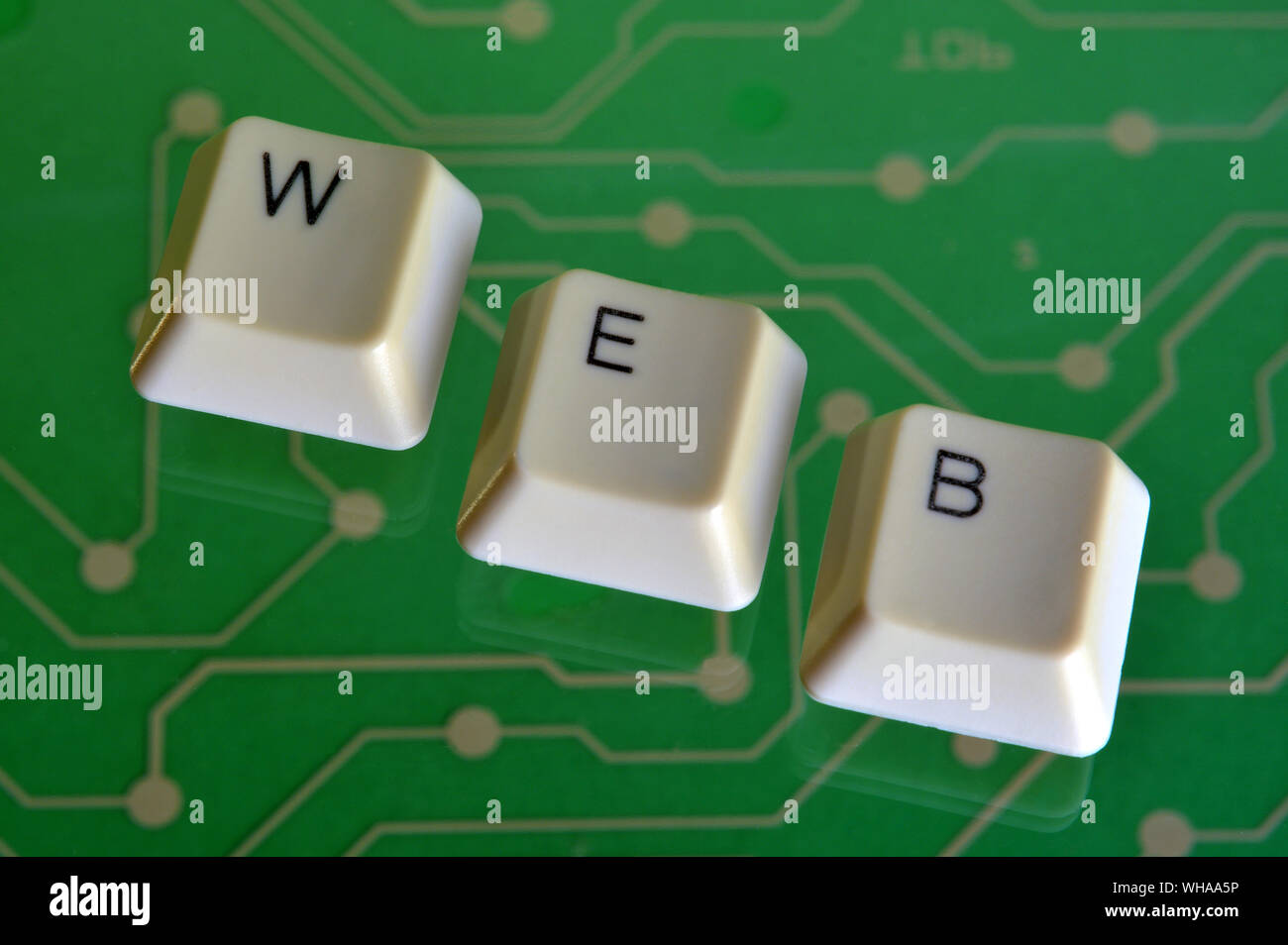 I tasti della tastiera formano la parola web sul verde del circuito elettrico in background. Foto Stock