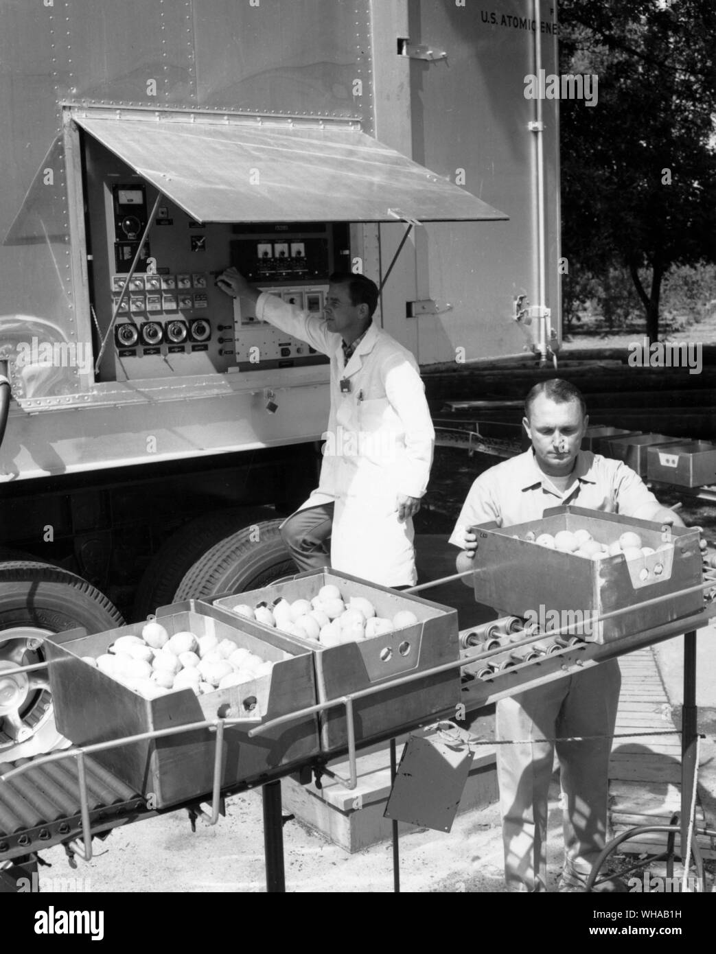 I tecnici si preparano a irradiare i limoni in Mobile irradiatore, Università di California a Davis Laboratory Foto Stock