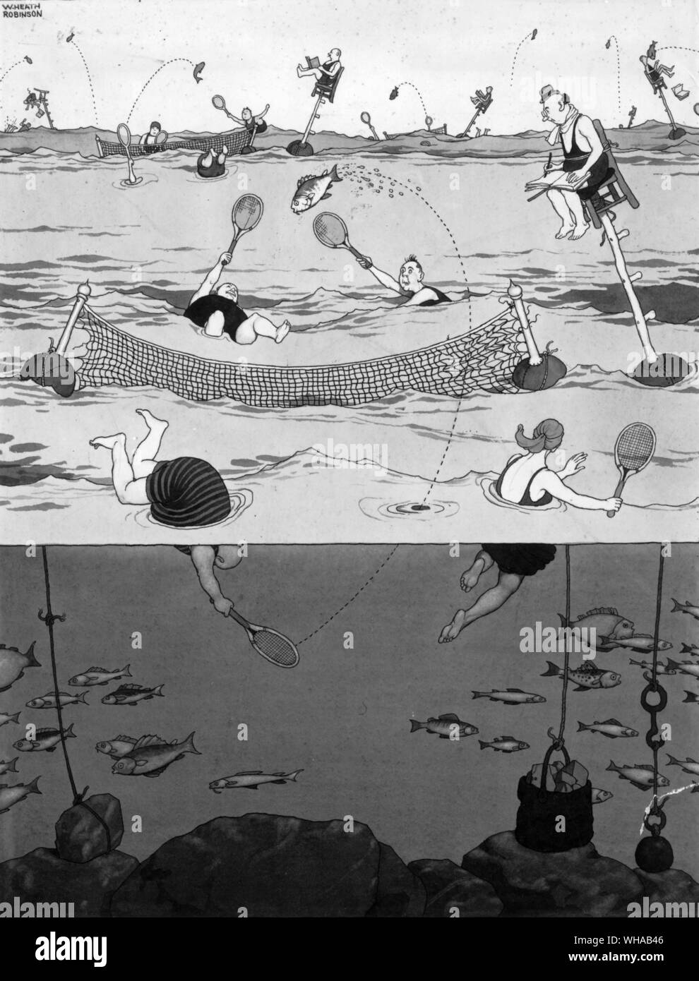 Pesce Tennis . "Una nuova eccitante gioco d'acqua". Da W Heath Robinson Foto Stock
