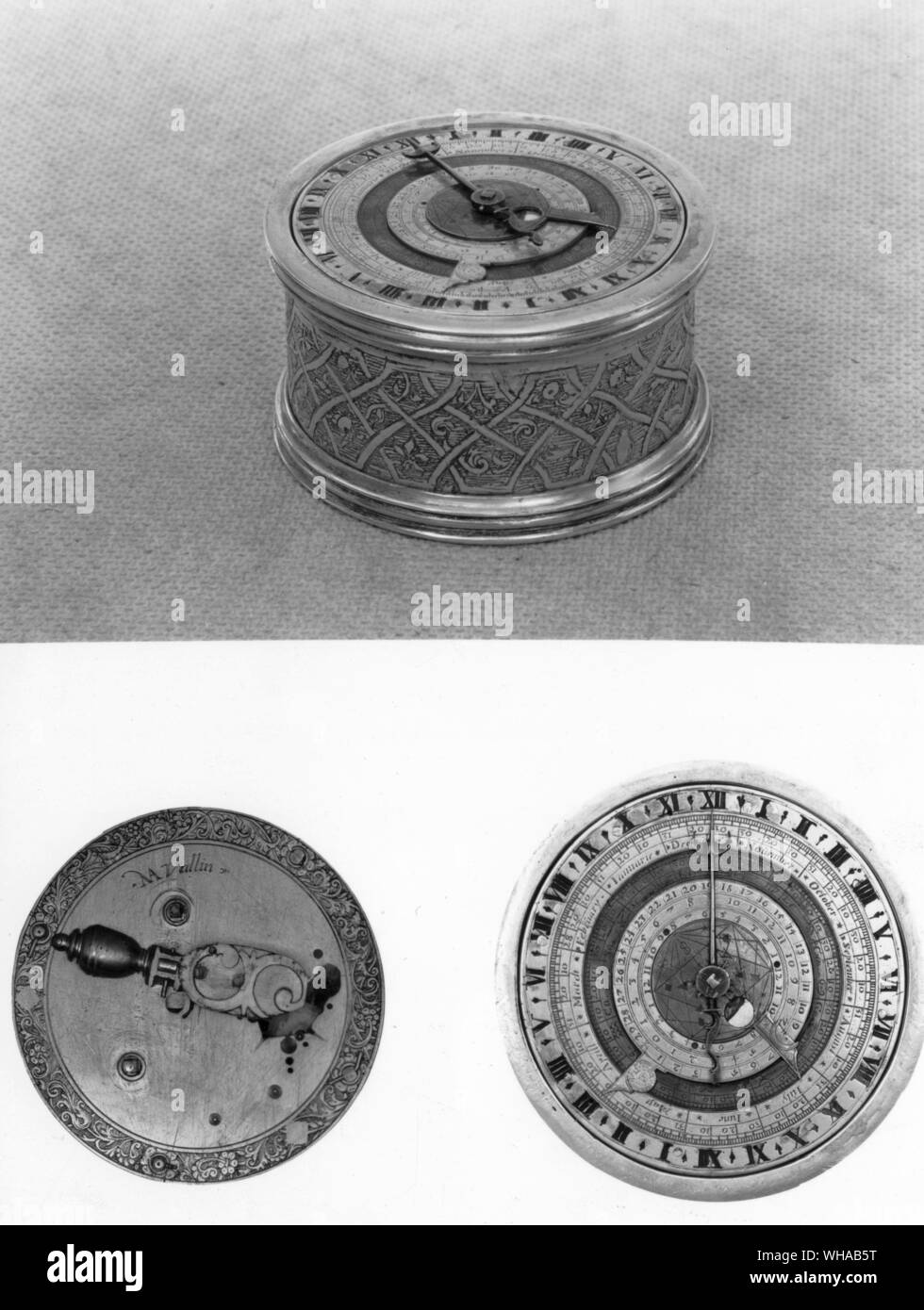 A forma di tamburo orologio da tavolo da N Vallin con quadrante astronomico Foto Stock