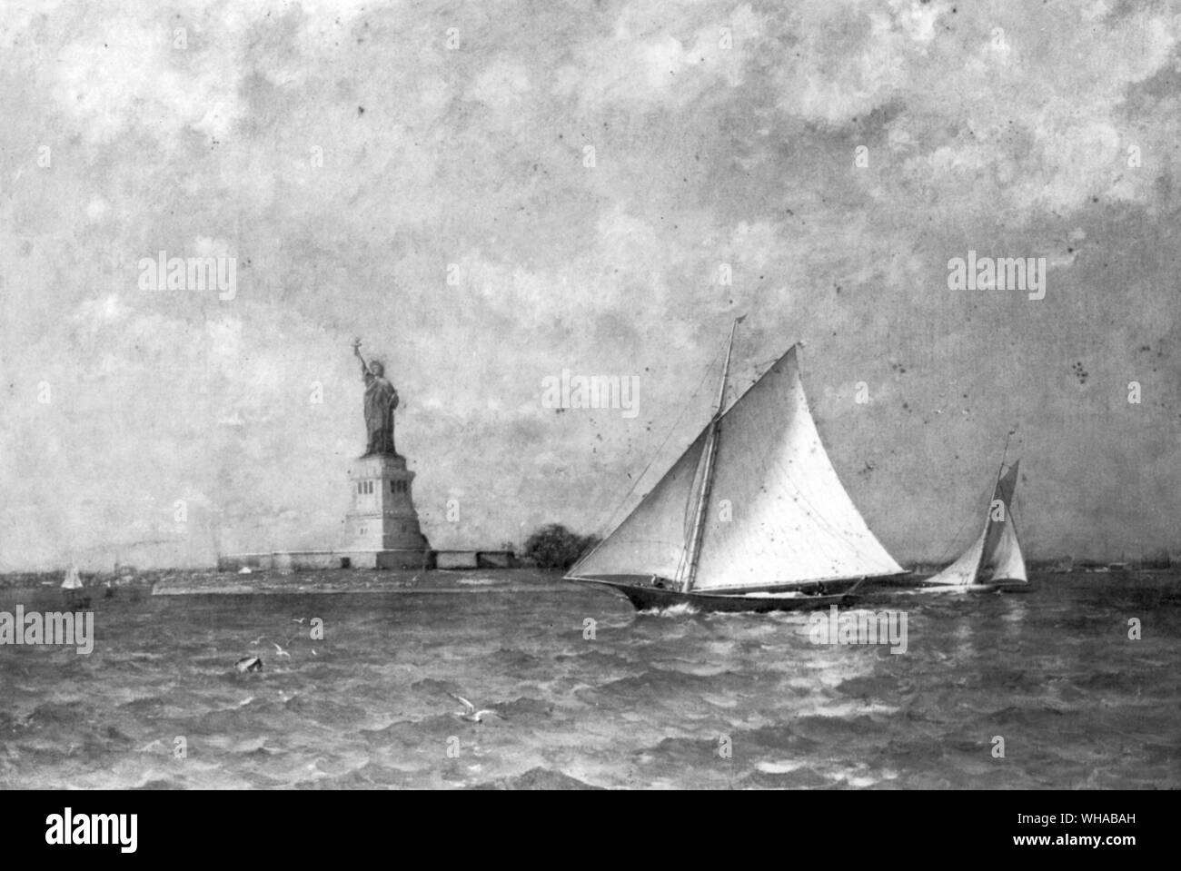 Yacht 'Narragansett' passa Bedloe Island. Pittura di olio da Jos Lyman 1894 Foto Stock