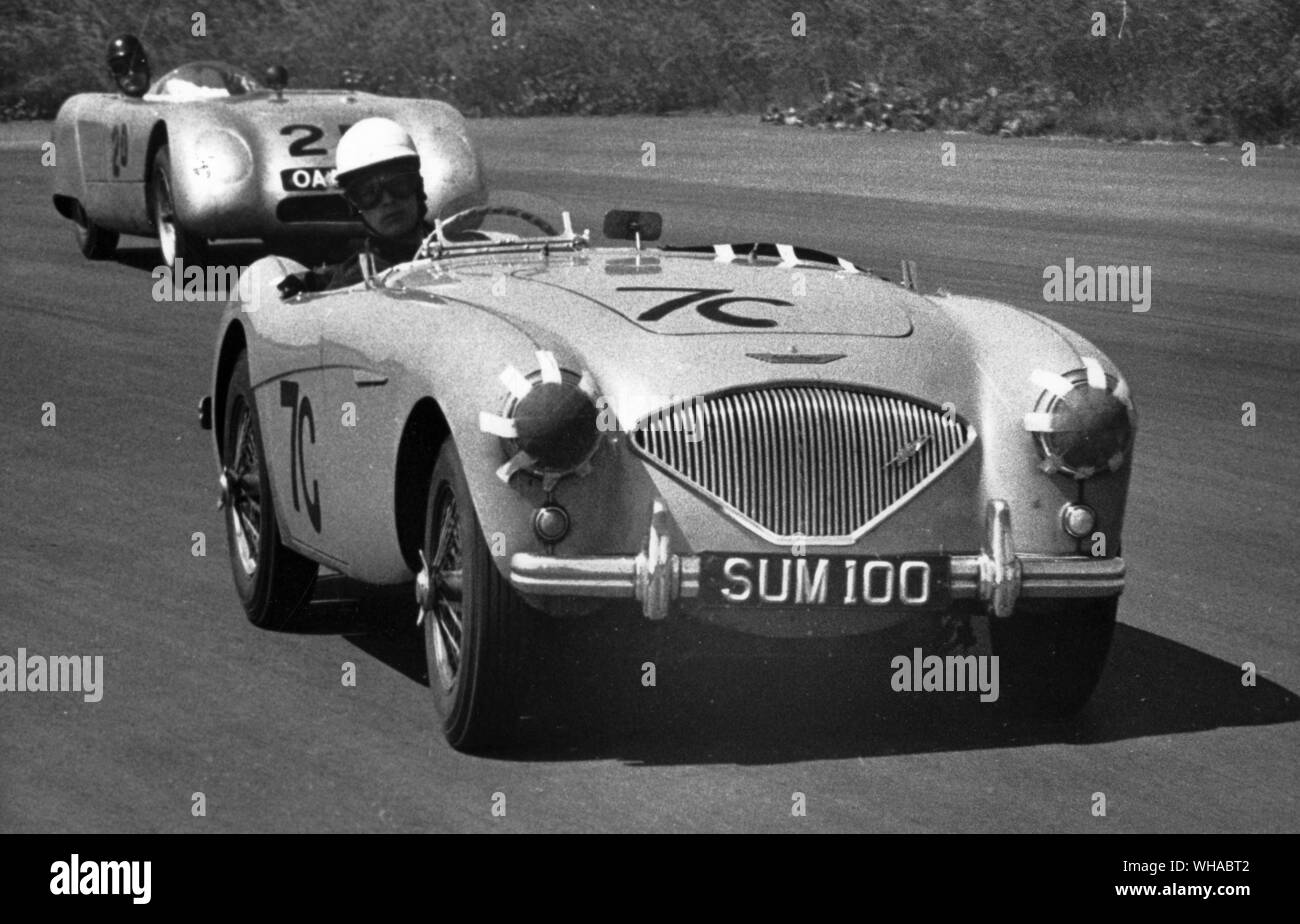 Un inizio di Austin Healey 100 a Silverstone nel 1955. Dietro di esso è un Buckler DD-1 Foto Stock