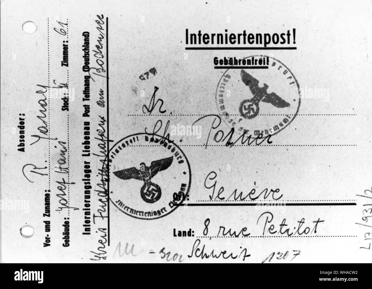 Una carta da un ebreo polacco che si terrà al campo di lavoro a Liebenau in Germania per il co direttore della Palestina Ufficio di Ginevra in cerca di una Palestina certificato per i suoi quattro anni di mia figlia. La carta è stata stampata sia dall'amministratore di camp e dal censore tedesco Foto Stock
