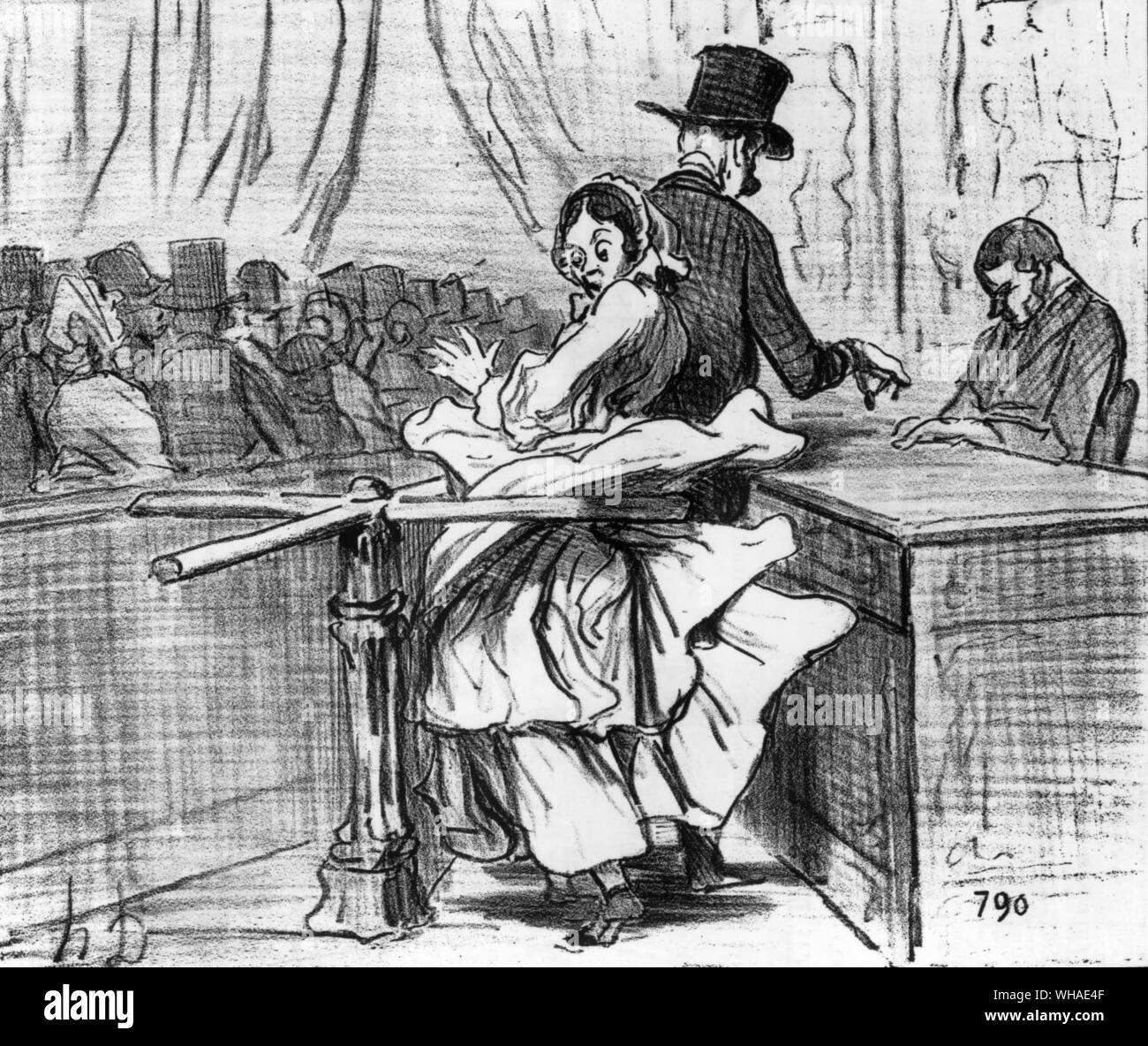 Da Le Charivari . Le Touniquet, una nuova macchina inventata dai nemici pf la crinolina. Cartoon di Honore Daumier. Il 26 giugno 1855 Foto Stock