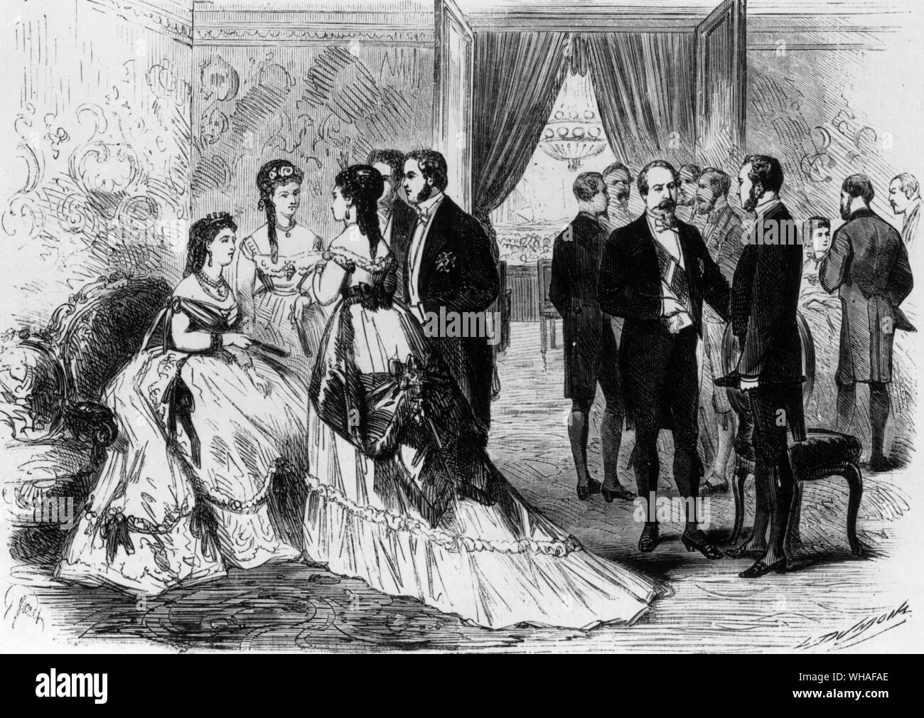 Napoleone III e l'Imperatrice Eugenie nel foyer del Teatro du Palais de Compiègne durante una rappresentazione del Duc Job Foto Stock
