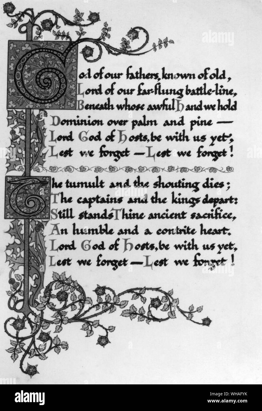 "Recessional' è stato uno dei molti di Kipling's poesie per essere inspirationally illuminato. In questa versione del 1914 da Henrietta Wright, le caratteristiche di Decorazione rose, shamrock e il Thistle Foto Stock