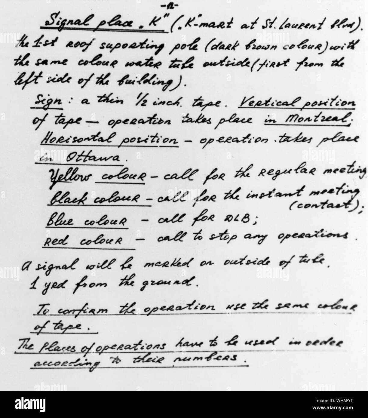 Una pagina da un notebook sovietica a dare indicazioni al membro della Royal Canadian polizia montata Servizio di sicurezza quali il KGB sono state cercando di reclutare. Le istruzioni spiegano la procedura per l'utilizzo di nastro colorato per impostare riunioni a Montreal e Ottawa Foto Stock