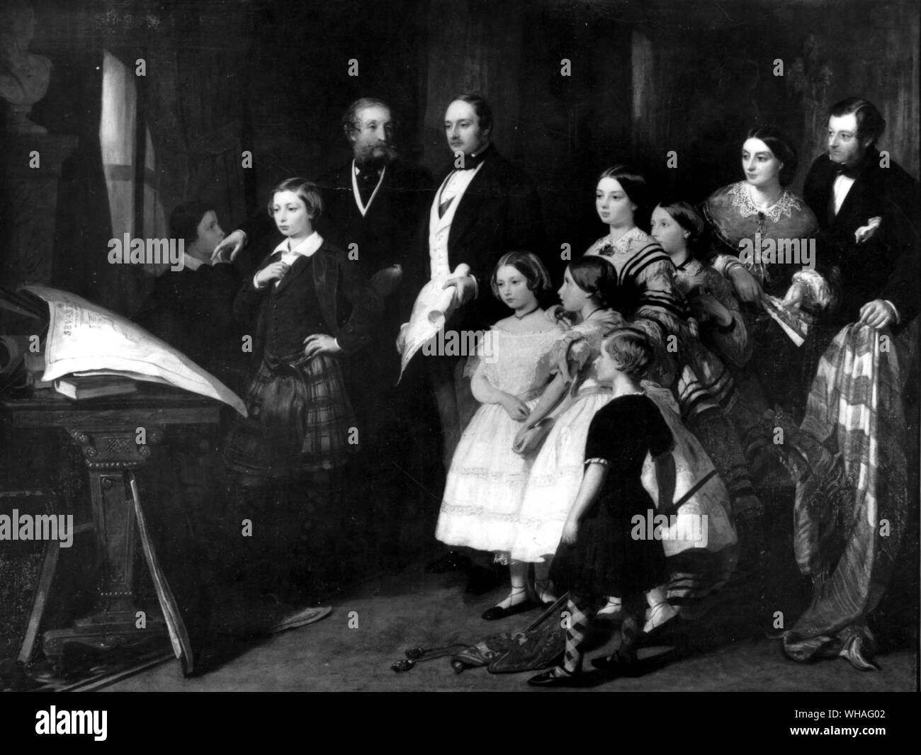 Il 7° Conte di Cardigan concernenti la storia della carica di Balaclava al Principe Consorte e il Royal Bambini 1854 da James Sant. Da sinistra a destra, Prince Alfred, Principe di Galles, James Thomas, principessa Helena di Schleswig Holstein, Principessa Luisa Duchessa di Argyll, principe Arthur duca di Connaught (anteriore) principessa Royal imperatrice di Germania, principessa Alice di Hesse, duchessa di Wellington, Signore fiumi Foto Stock