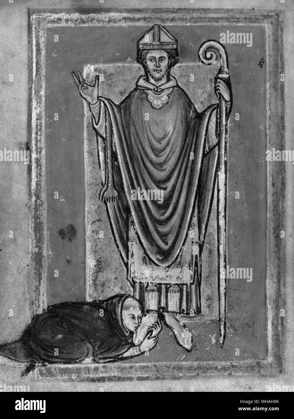 San Cutberto. Manoscritto illustrazione da Bedes vita di St Cuthbert alla fine del XII secolo. Cuthbert inglese monaco e saint  635?-687 . . Foto Stock