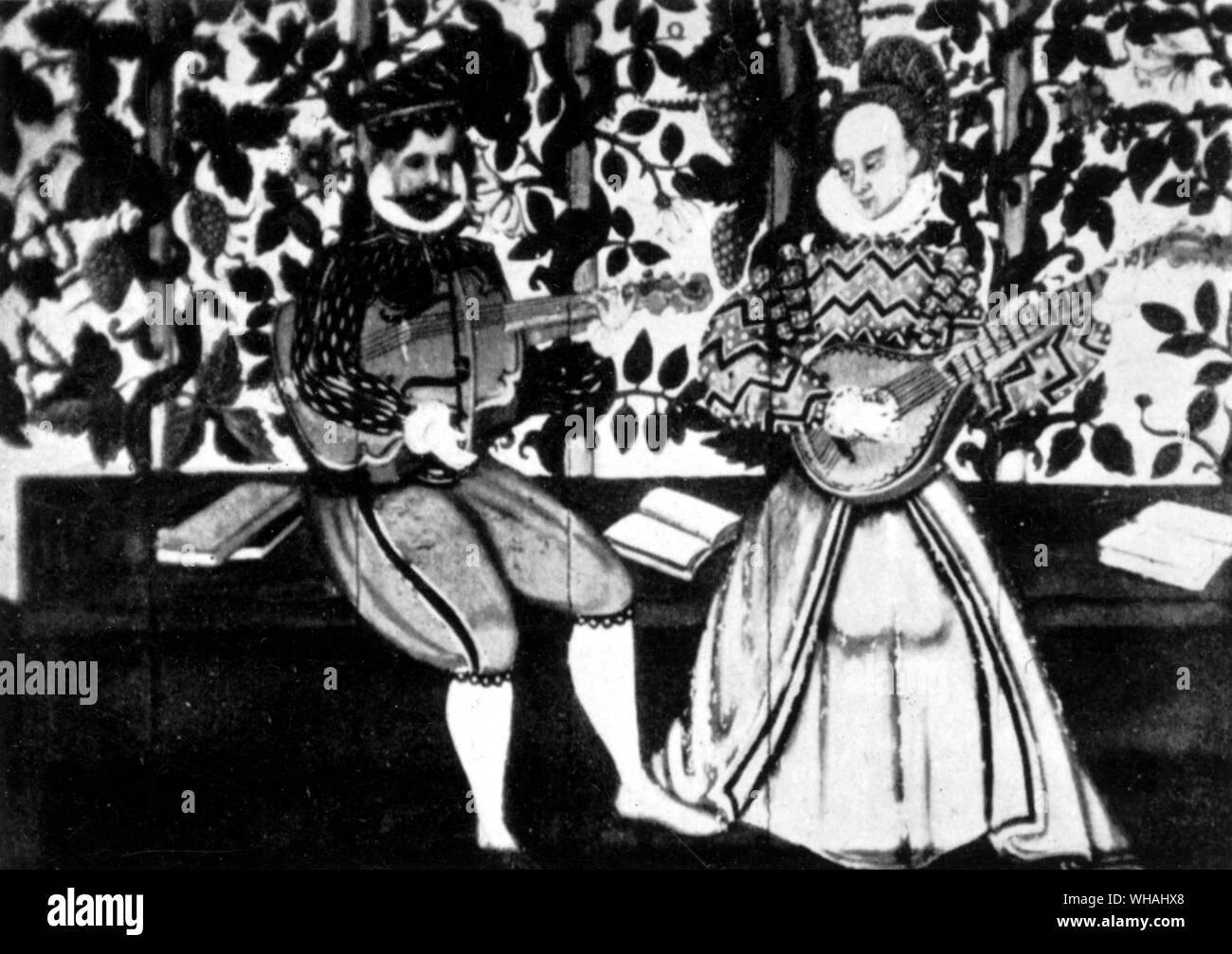 Un Consort a corda c 1585. Piccolo Bass Violon e cetra Foto Stock