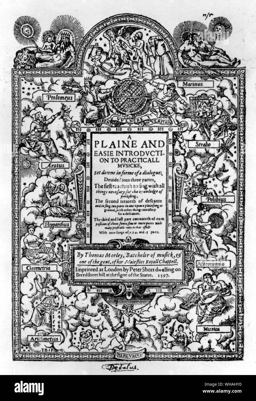 Titolo pagina di Thomas Morley's famosa Music libro di testo , pubblicato 1597 utilizzato per tutto il XVII secolo e ri-pubblicati nel 1771 Foto Stock