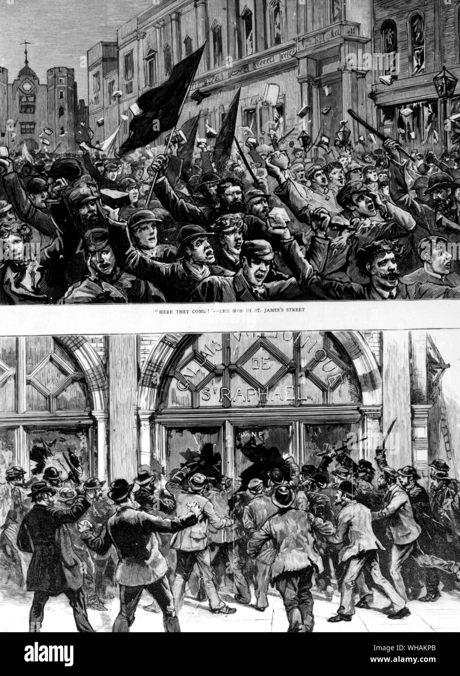 I tumulti verificatisi nel West End di Londra 8 febbraio 1886. Top: qui arrivano! La folla in St James Street. Di seguito: il saccheggio dei negozi di Piccadilly Foto Stock