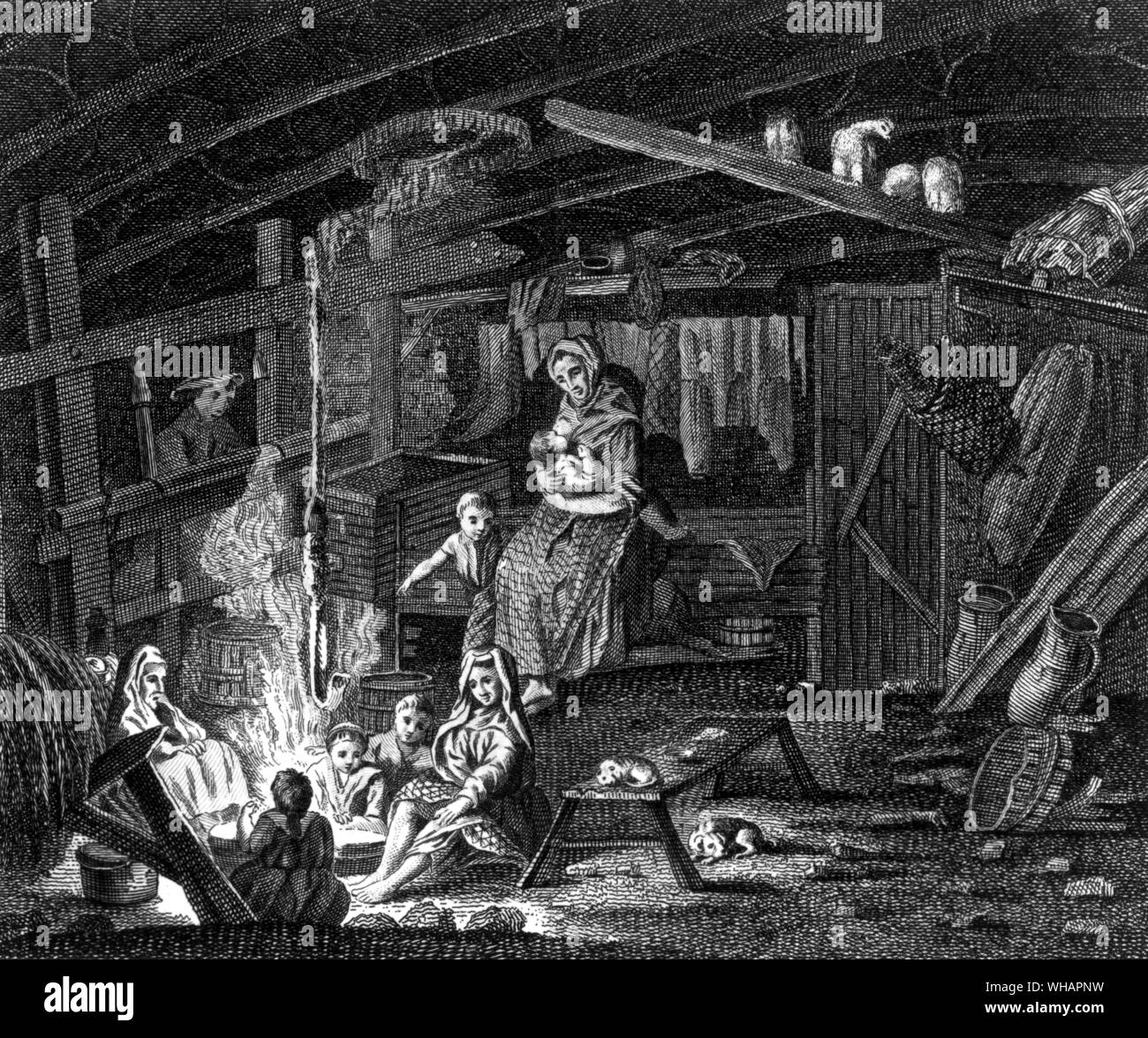 All'interno di un cottage di tessitori in Ilay. Incisione di Charles Grignon xviii secolo Foto Stock