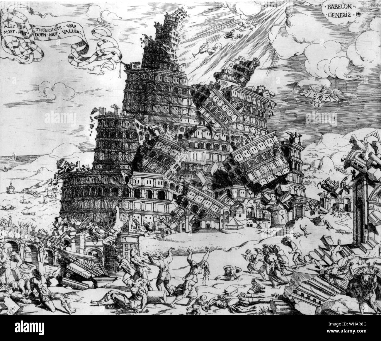 Cornelis Teunissen. . La fine della torre di Babele: l'arroganza del potere e overrating dell umanità umano (C.A.Teunissen, 1499-1553) Foto Stock