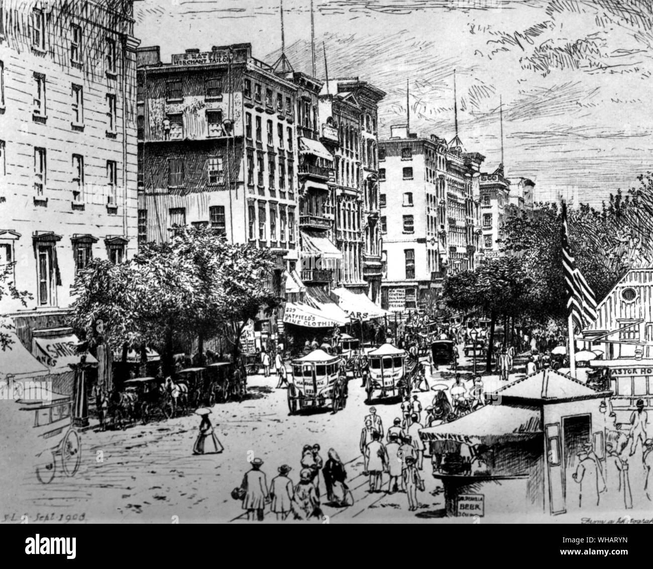 Broadway, Vesey Street a Park 1865. La piastra dalla società di Iconophiles 1909 Foto Stock