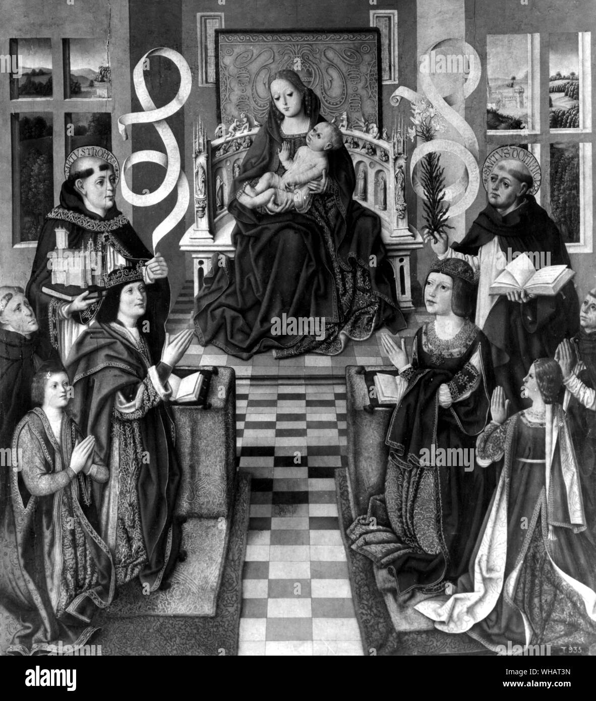 Vergine e dei re cattolici. Sulla sinistra, san Tommaso, Re Ferdinando V di Aragona, Principe Don Juan, Tomas de Torquemada. Sulla destra, St D? (Domime?) Regina Isabella, Principessa Dona Isabel ? Foto Stock