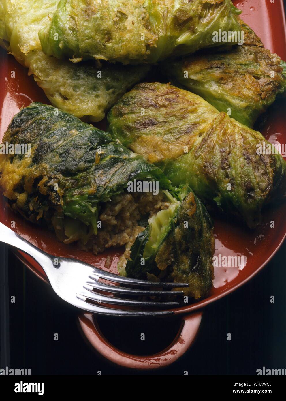 La cucina italiana di Robin Howe. . Involtini di verza.. Farcite le foglie di verza. Foto Stock