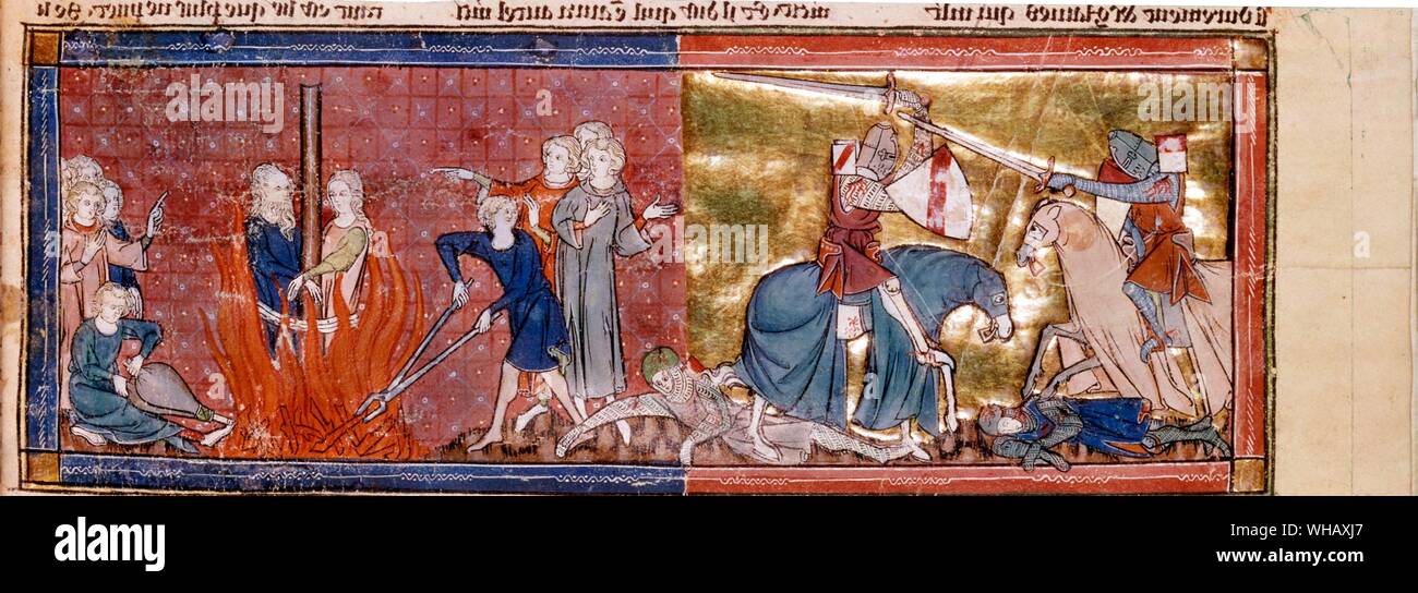 Lancelot uccidendo i protettori di false Guinevere 1300-25. Manoscritto di 805.. Nella leggenda arturiana, Sir Lancelot è uno dei Cavalieri della Tavola Rotonda. Nella maggior parte della prosa francese romanzi e opere dipendenti da loro egli è caratterizzato come il più grande e più affidabile di Arthur's cavalieri e svolge un ruolo importante in molti di Arthur's vittorie. Arthur's eventuale rovina è però anche portato in parte dal Lancelot, la cui vicenda con Arthur's moglie Guinevere distrugge l unità di Arthur's court. Foto Stock