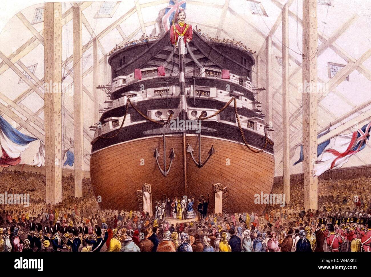 L'incisione dell'HMS Royal Albert 1854. Il primo tasso di "HMS Royal Albert' è stato lanciato a Woolwich Dockyard il 13 maggio 1854. La regina Victoria ha presieduto la sua cerimonia di lancio. 'Royal Albert' è stato immediatamente inviato in Crimea, dove Ella vide il servizio attivo nel Mar Nero. Questo evento si è verificato in un punto più alto nella storia di Woolwich dockyard che stava per chiudere nel 1869. 'Royal Albert', un 121-gun tre-decker la linea vapore-della battaglia navale, è stato immediatamente inviato in Crimea dove ella vide il servizio attivo nel Mar Nero. Chiamato dopo la Queen's marito, il 'Royal Albert' vola il royal Foto Stock