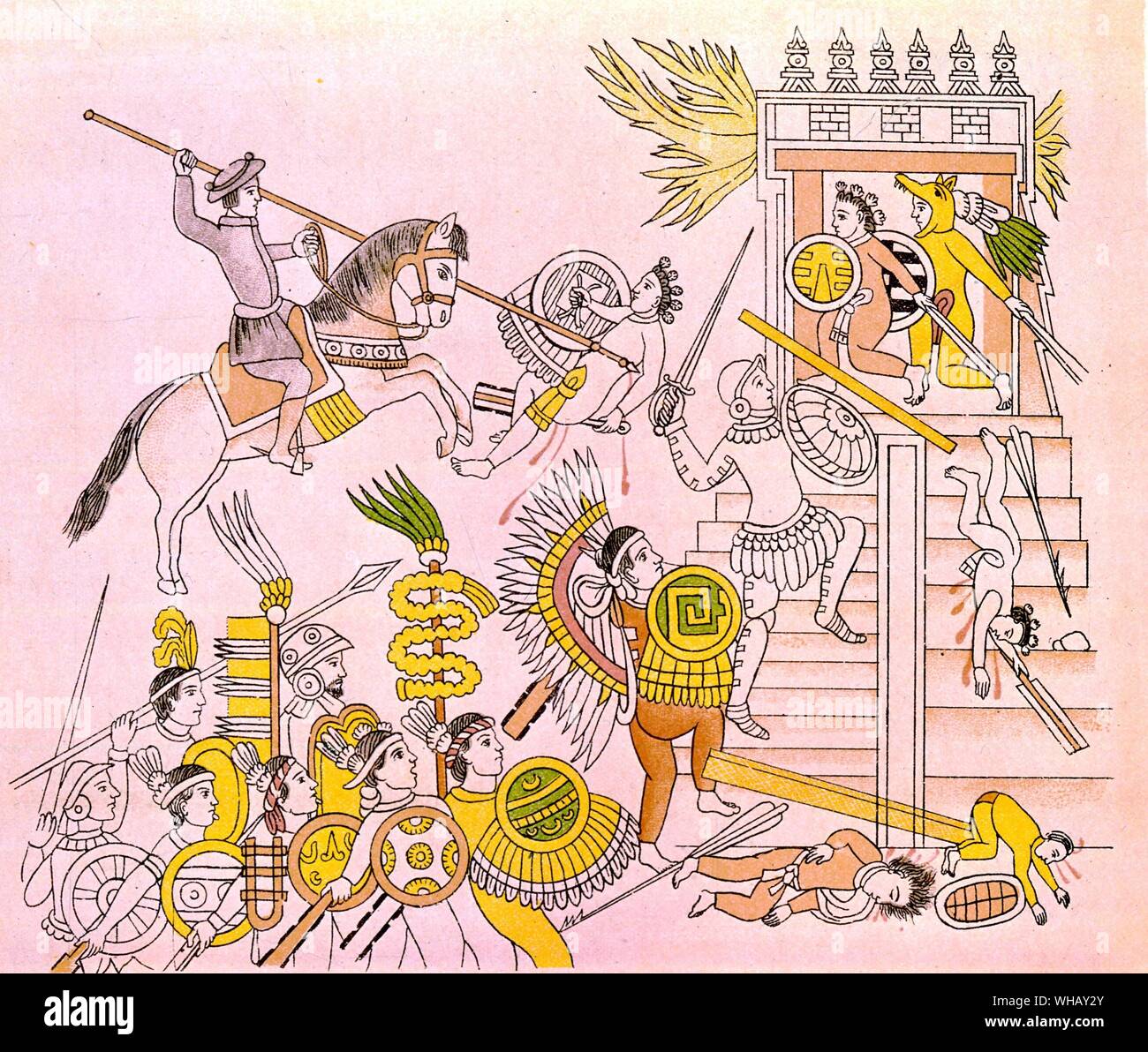 Attacco messicano sul grande tempio dalla conquista del Messico. I conquistatori da Hammond Innes, pagina 172 in B/W.. . . Foto Stock