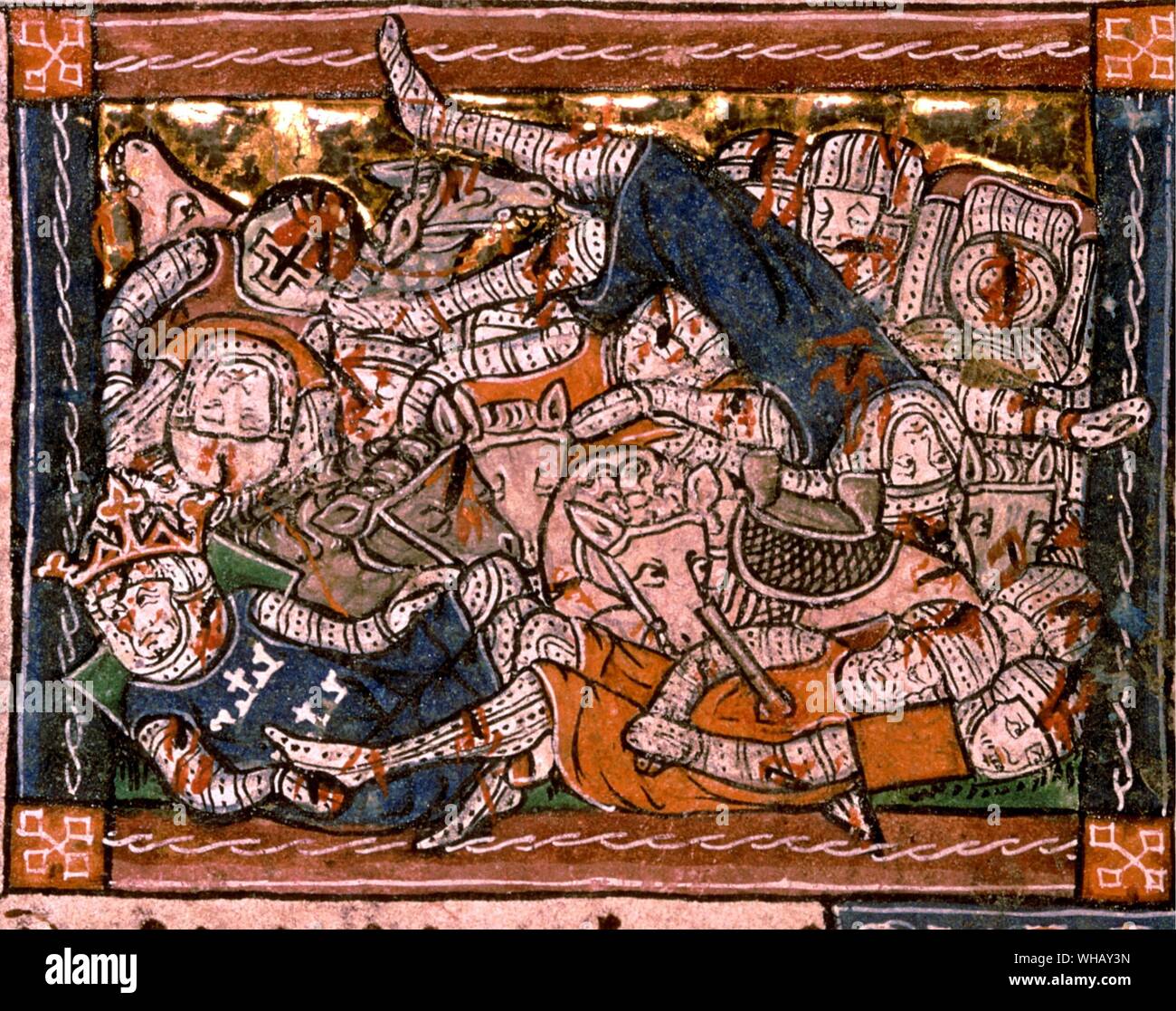 King Arthur, Battaglia di Camlann, del XIII secolo. La battaglia di Camlann è meglio conosciuta come la battaglia finale di Re Artù, dove egli sia morto in battaglia o era stato ferito a morte. King Arthur, pagina 32. Foto Stock
