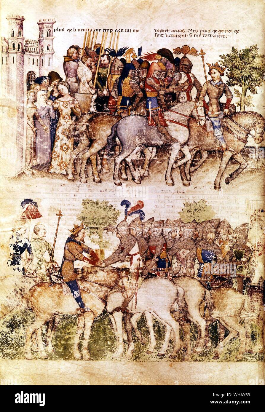 Re Artù e dei suoi cavalieri di partire per la ricerca del Santo Graal. King Arthur, pagina 129. Foto Stock