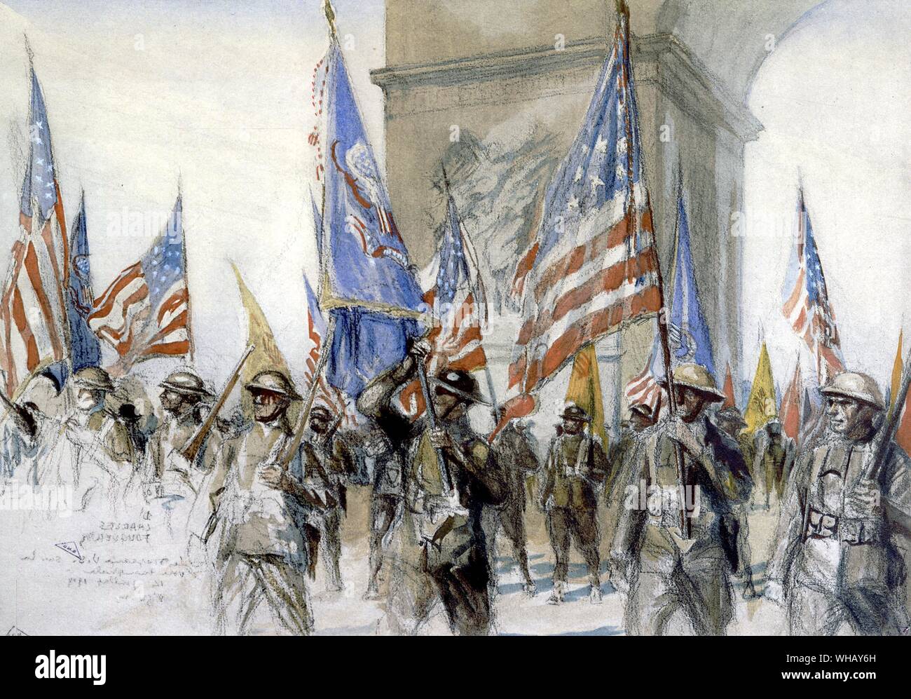 La Prima guerra mondiale. Charles FouQueray (1869-1956). Le Drapeau noi sur la voie triomphale Parigi Musee des deux guerres mondiales (l'US bandiera sulla via Trionfale, Parigi Museo delle due guerre mondiali). La Grande Guerra, da Correlli Barnet, pagina 156. Foto Stock
