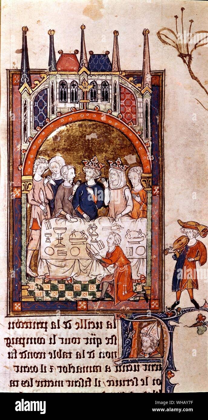 Lancelot racconta le sue storie di alla ricerca di Re Artù. Guinevere alla vigilia della Pentecoste, il romanticismo del St Graal, 1316.. King Arthur, pagina 49. Foto Stock