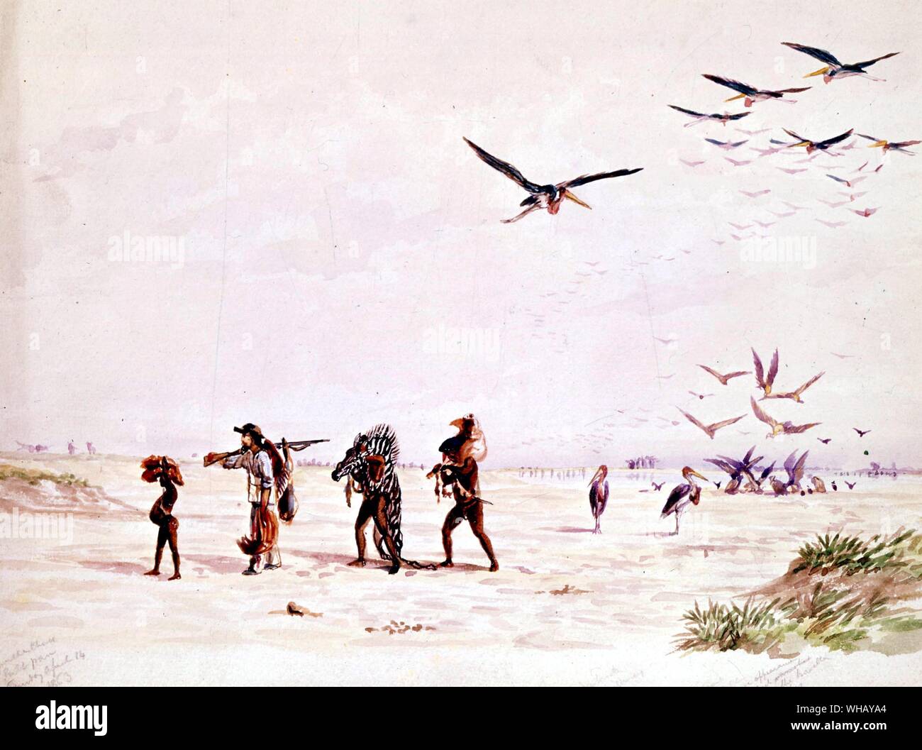 Ritorno dalla caccia. La pittura di Thomas Baines (1820-75), Pioneer artista che ha viaggiato con Livingstone's Zambesi spedizione. L'avventura africana - una storia dell'Africa esploratori da Timothy Severin, pagina 174. Foto Stock