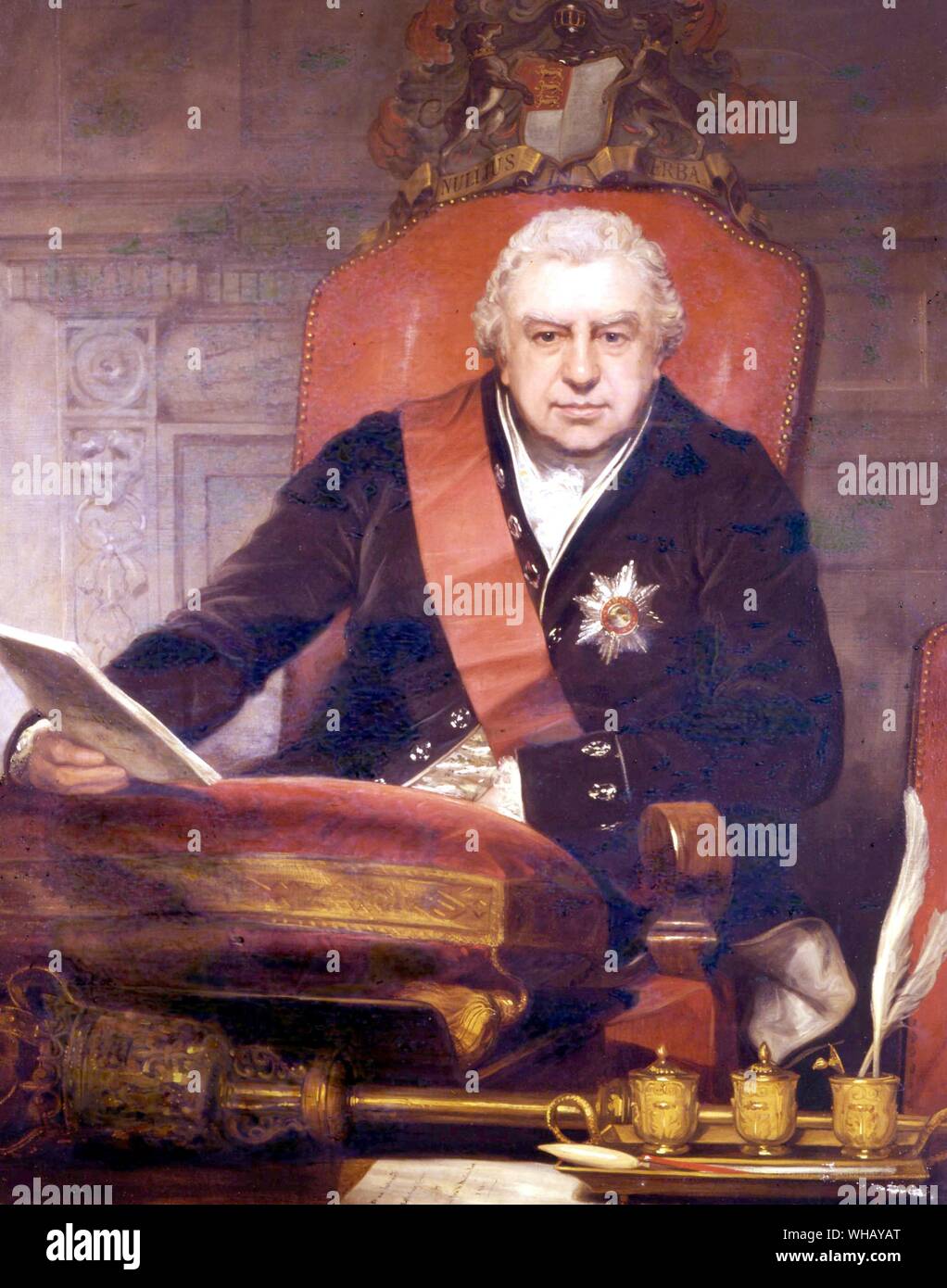 Sir Joseph Banks (1743-1820) "Il Juggernaut di British Science" come presidente della Royal Society. Dipinto nel 1810 da Sir Thomas Phillips (1770-1845), pittore ritratto, e da un membro della Royal Academy. L'avventura africana - una storia dell'Africa esploratori da Timothy Severin, pagina 105. Sir Joseph Banks è nato a Argyle Street, Londra, il 13 febbraio 1743. Le banche è stato realizzato un Fellow della Royal Society nel 1766, e quello stesso anno egli ha viaggiato a Terranova di raccogliere piante. Durante 1768-1771 ha camminato con il cuoco in giro per il mondo in "Endeavour", rendendo collezioni di storia naturale, e Foto Stock