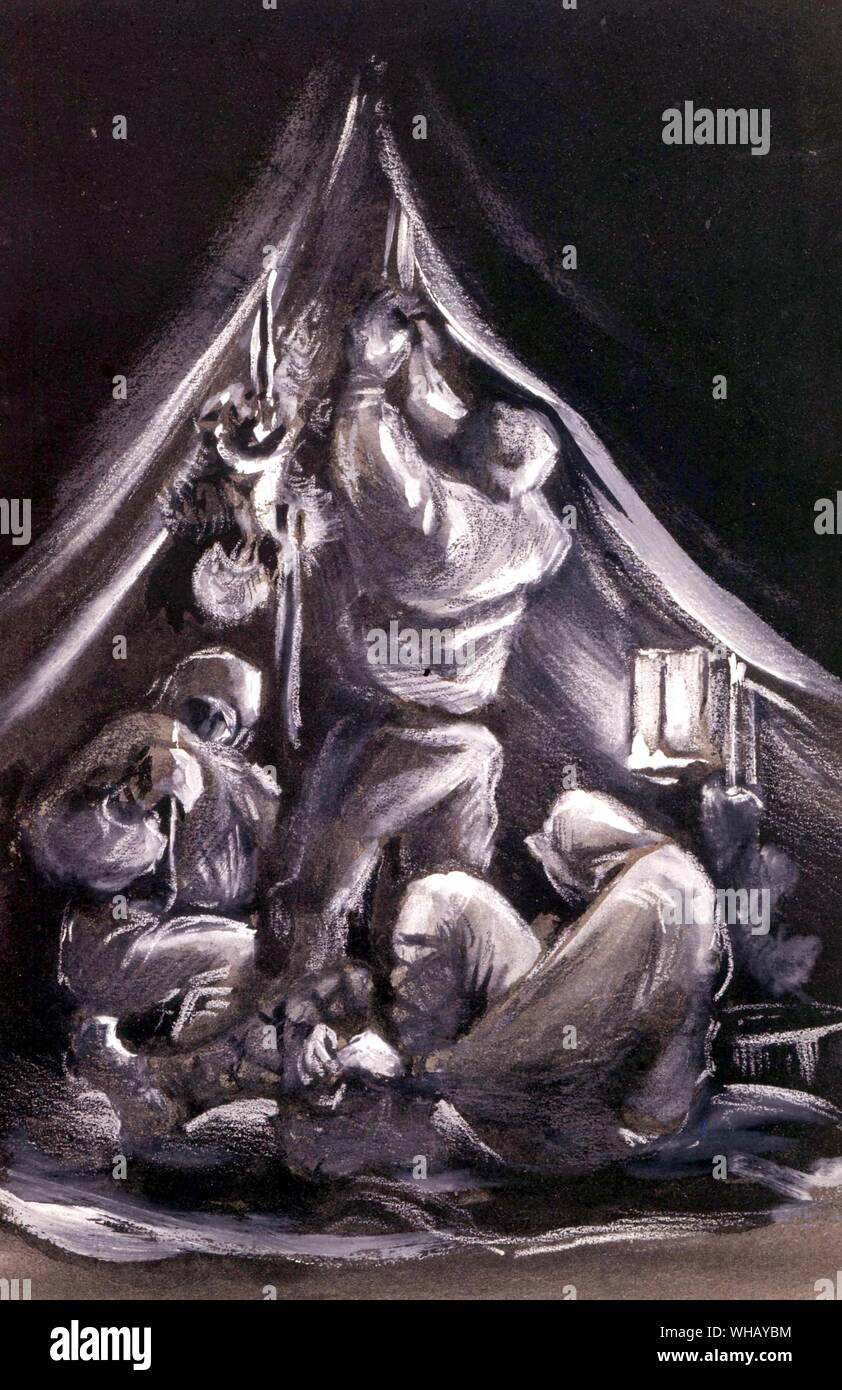 Tre uomini all'interno di una piramide tenda da Edward Wilson (1872-1912). Antartide: l'ultimo continente da Ian Cameron, pagina 185. Foto Stock