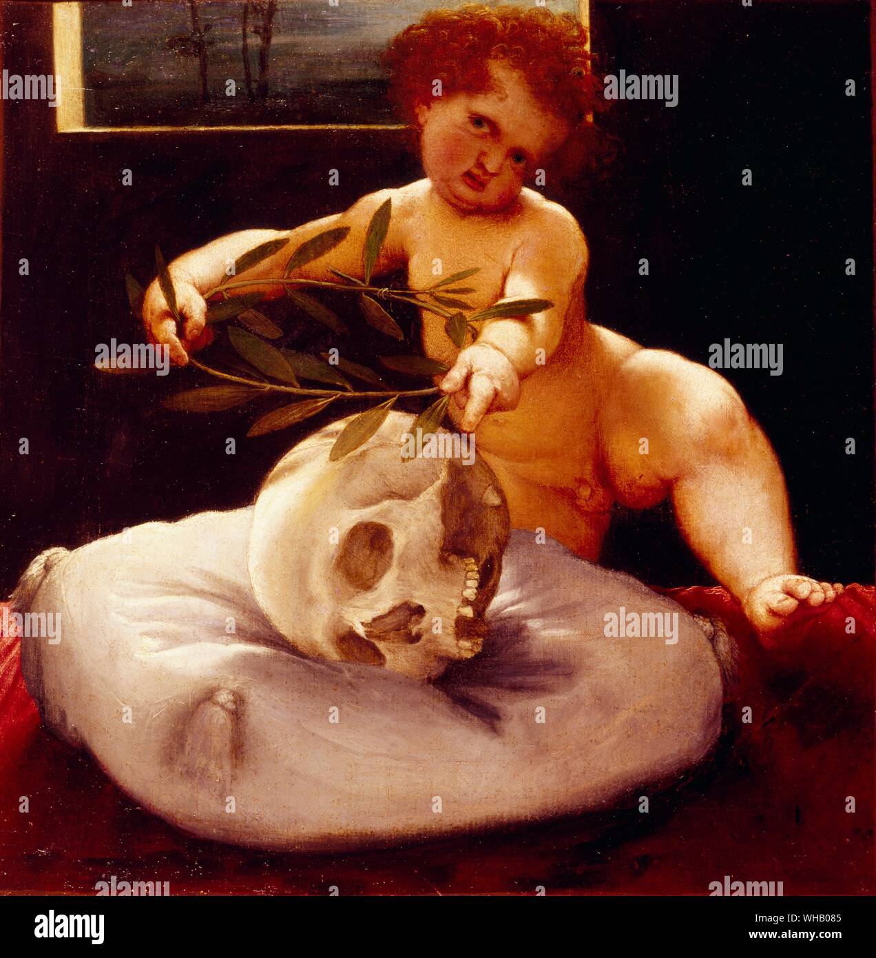 Cherubino con un cranio. di Lorenzo Lotto. Alnwick Castle. Lorenzo Lotto (c.1480 - 1556) è stato un pittore italiano attivo durante il Rinascimento. Nato a Venezia ha lavorato a Venezia, Roma, Bergamo e possibilmente la Toscana. Si è specializzato nello studio di Giovanni Bellini, insieme a Giorgione e Tiziano. Nel 1552 è entrato nel Santuario di Loreto, diventando un fratello laico. Lotto di lavoro è caratterizzato da una miscela di veneziani e settentrionale europeo stili. Egli è più noto per i suoi ritratti. Il suo lavoro comprende:. Foto Stock