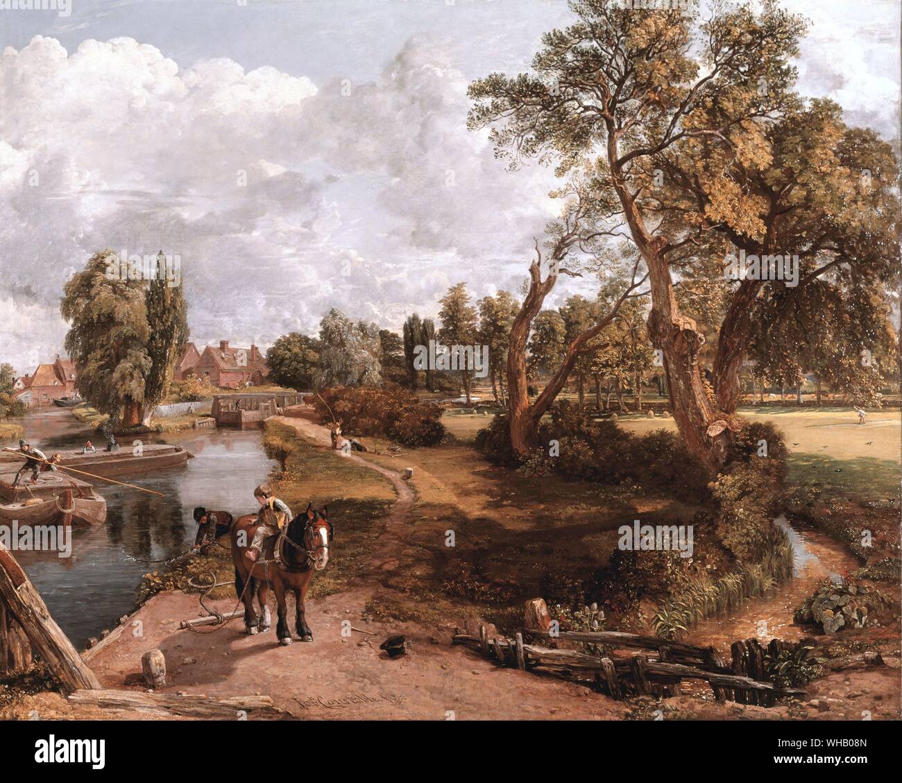 Mulino di Flatford da Constable . "Scena su un fiume navigabile" (1816-17). John Constable (Giugno 11, 1776 - 31 Marzo 1837) era un British artista romantico.. Flatford Mill si trova lungo il fiume Stour vicino al confine Suffolk-Essex. Il centro di edifici, particolarmente il mulino e Willy Lott's House, sono immediatamente riconoscibili in quanto essi dispongono in molti dipinti da John Constable.. Foto Stock