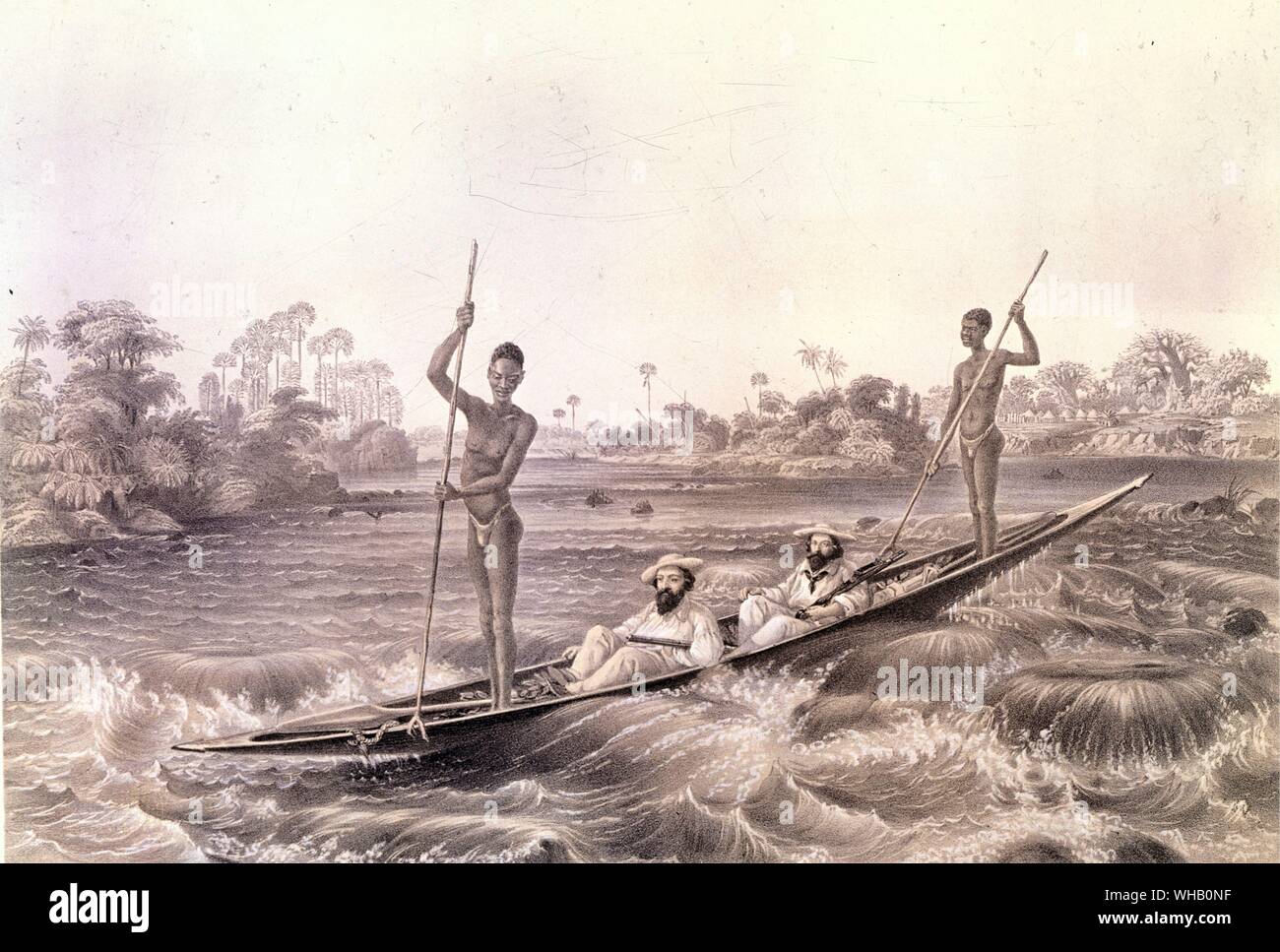 Zanzuela barcaioli delle rapide : incisione dalla pittura di Thomas Baines (XIX secolo). Museo afrikaner, Johannesburg. (Giovanni) Thomas Baines, (1820-1875) era un artista inglese e explorer di coloniale britannica del Sud Africa e Australia. Nato a King's Lynn nel Norfolk, Regno Unito, Baines fu apprendista di un pittore di pullman in età precoce. Quando era 22 ha lasciato l'Inghilterra per il Sud Africa e ha lavorato per un po' di tempo in città del capo come un panoramico e ritrattista, e come cecchino per l'esercito britannico. Nel 1855 è entrato a far parte di una spedizione in Australia settentrionale come artista ufficiale. Montare Baines e Foto Stock
