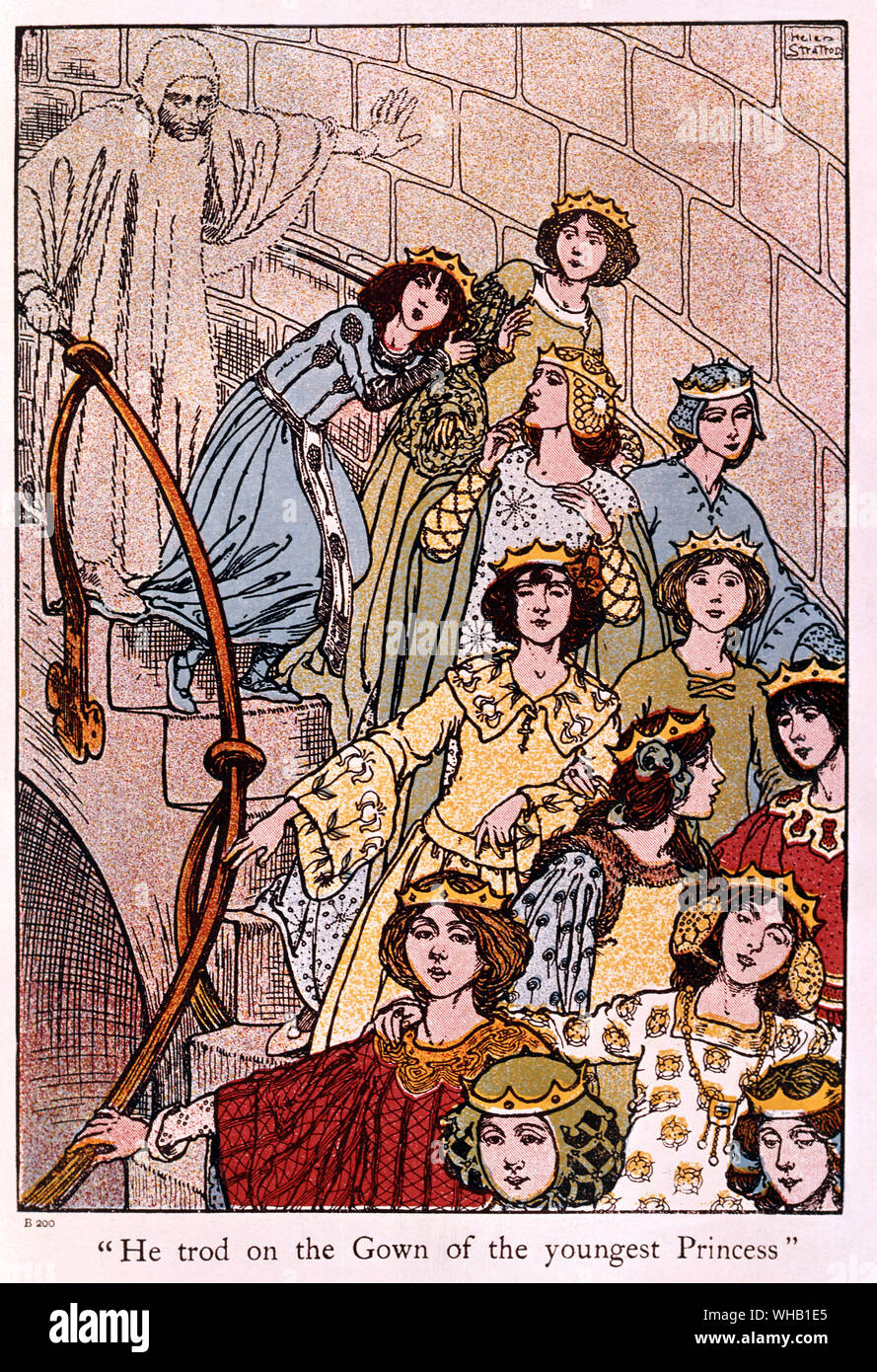 Egli ha calpestato il camice del più giovane principessa. Classic Fiabe: il 12 Dancing Principesse da Helen Stratton da Grimm di favole (c.1905). Le Dodici principesse danzanti o Worn-Out scarpe da ballo è un tedesco fiaba originariamente pubblicato dai fratelli Grimm in bambini e racconti di uso domestico come racconto numero 133.. I fratelli Grimm erano Jacob e Wilhelm Grimm, professori tedeschi che erano più conosciuti per la pubblicazione di raccolte di racconti popolari e fiabe.. Foto Stock