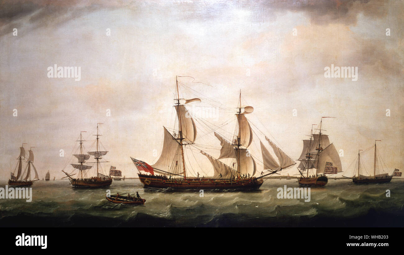 Una fregata inglese con quattro catturato American merchant-uomini che sono ancorate al largo della costa americana. dipinta da Francesco Helman nel 1778. . Foto Stock
