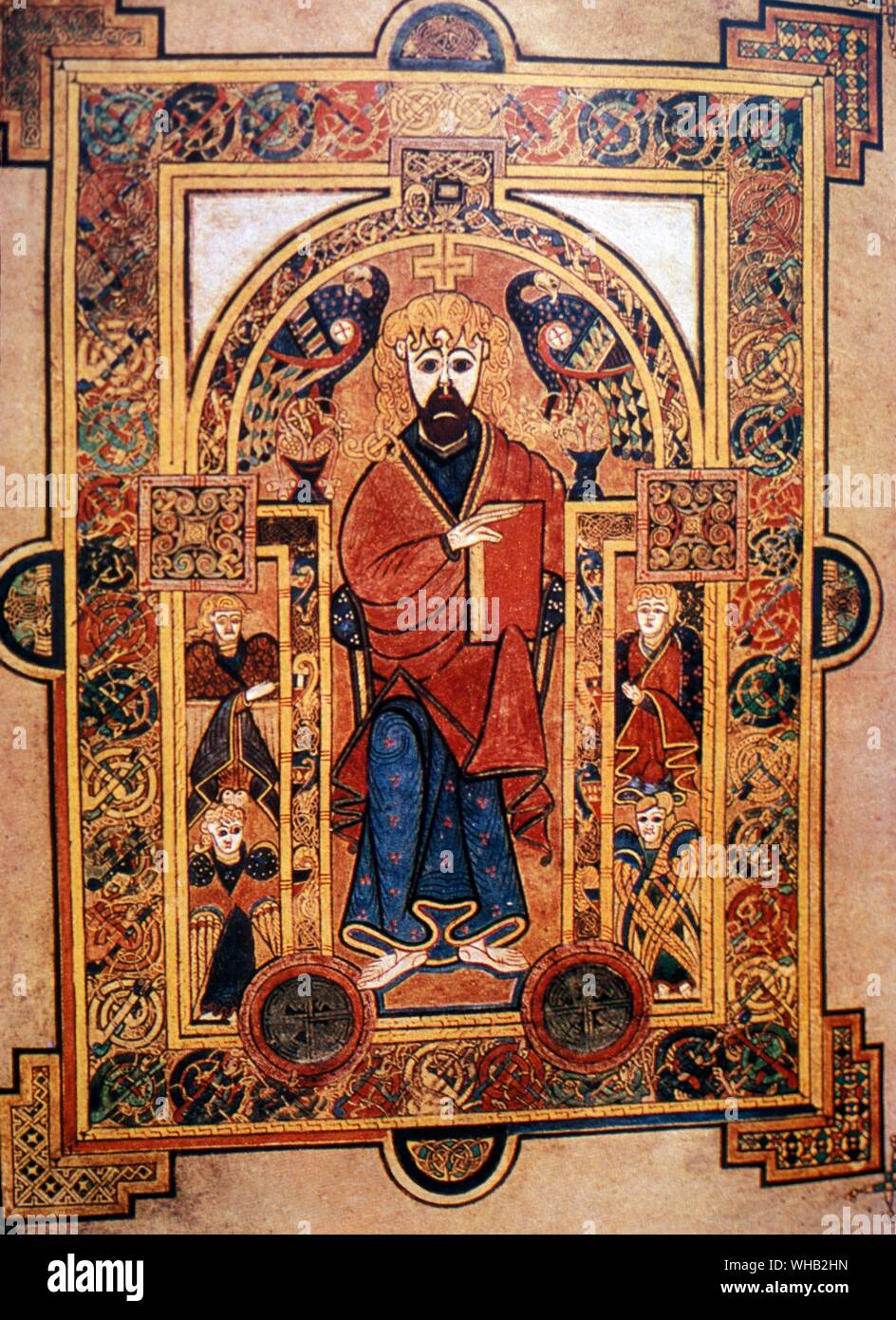 Libro di Kells. meno ampiamente noto come il Libro della Colomba. spalliere manoscritto illustrato, prodotta da Celtic monaci intorno all'ANNUNCIO 800 nello stile noto come arte isolana Foto Stock