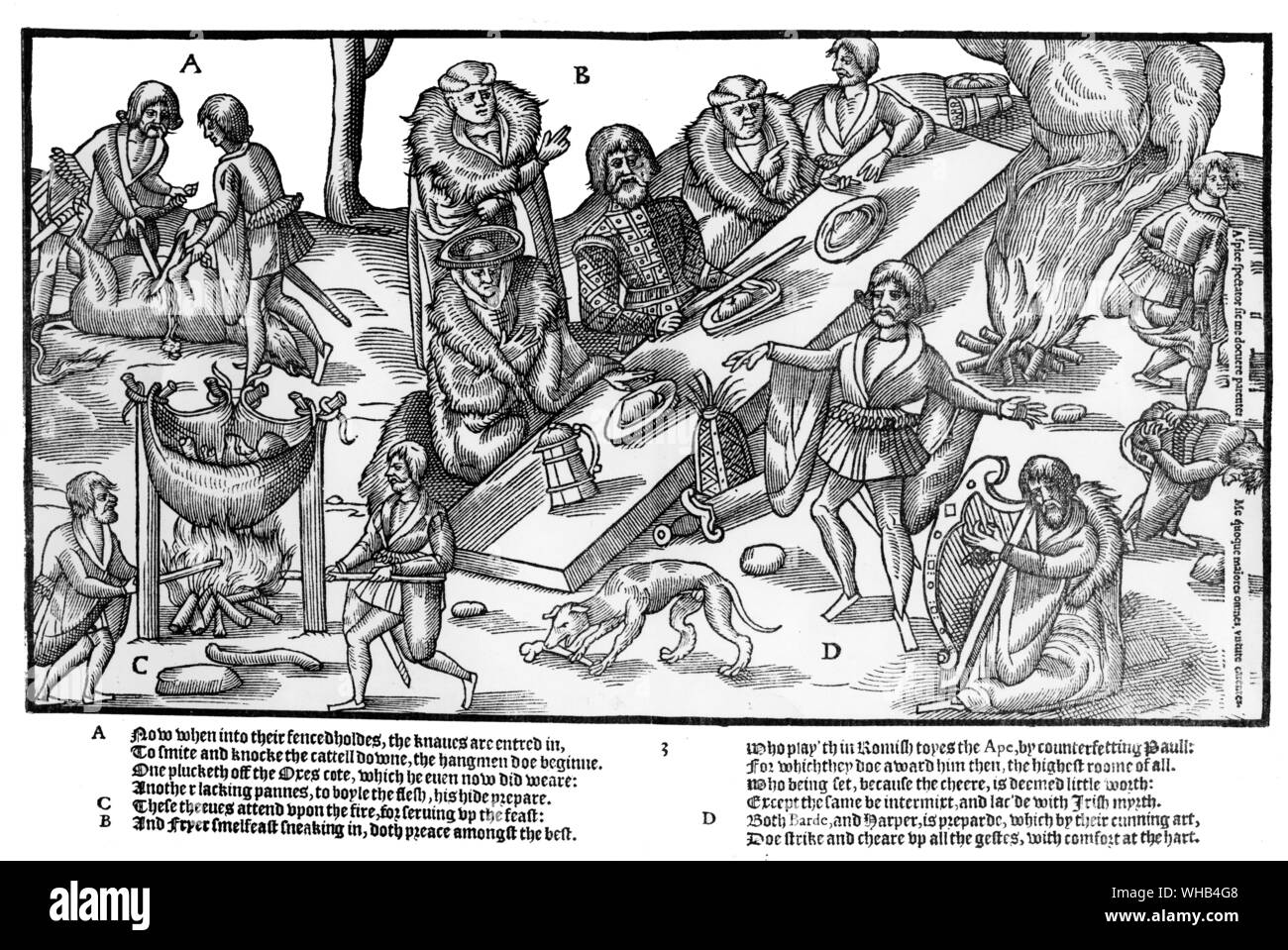 Una festa irlandese nel XVI secolo con un Bard accompagnato da un arpista stabulazione del paese leggende.. Incisione dall'immagine dell'Irlanda da John Derrick 1581 Foto Stock